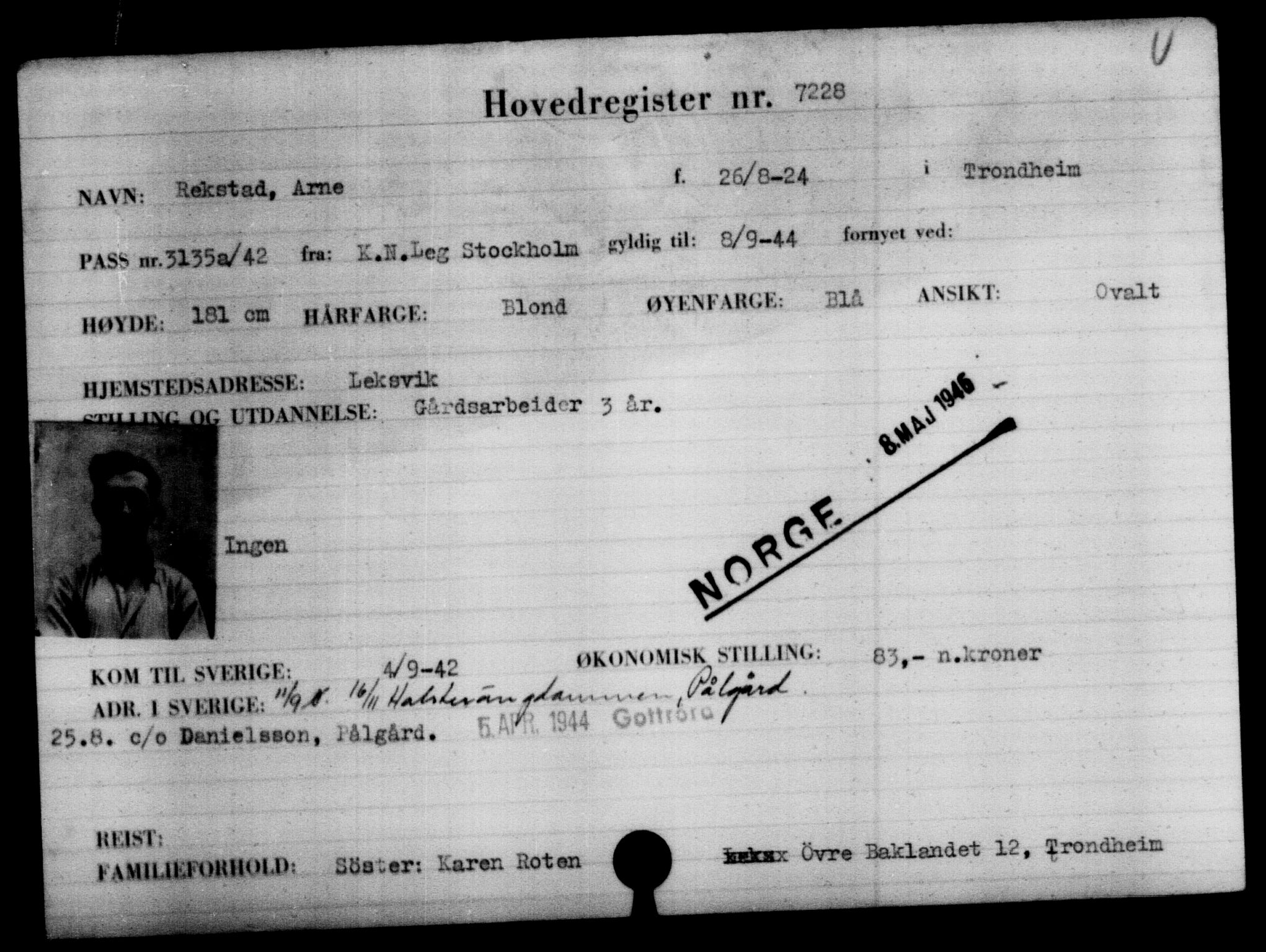 Utenriksstasjonene, Legasjonen i Stockholm, Flyktningkontoret, AV/RA-S-6753/V/Va/L0005: Kjesäterkartoteket, flyktninger med registreringsnr. 6600-9417, 1940-1945, s. 746