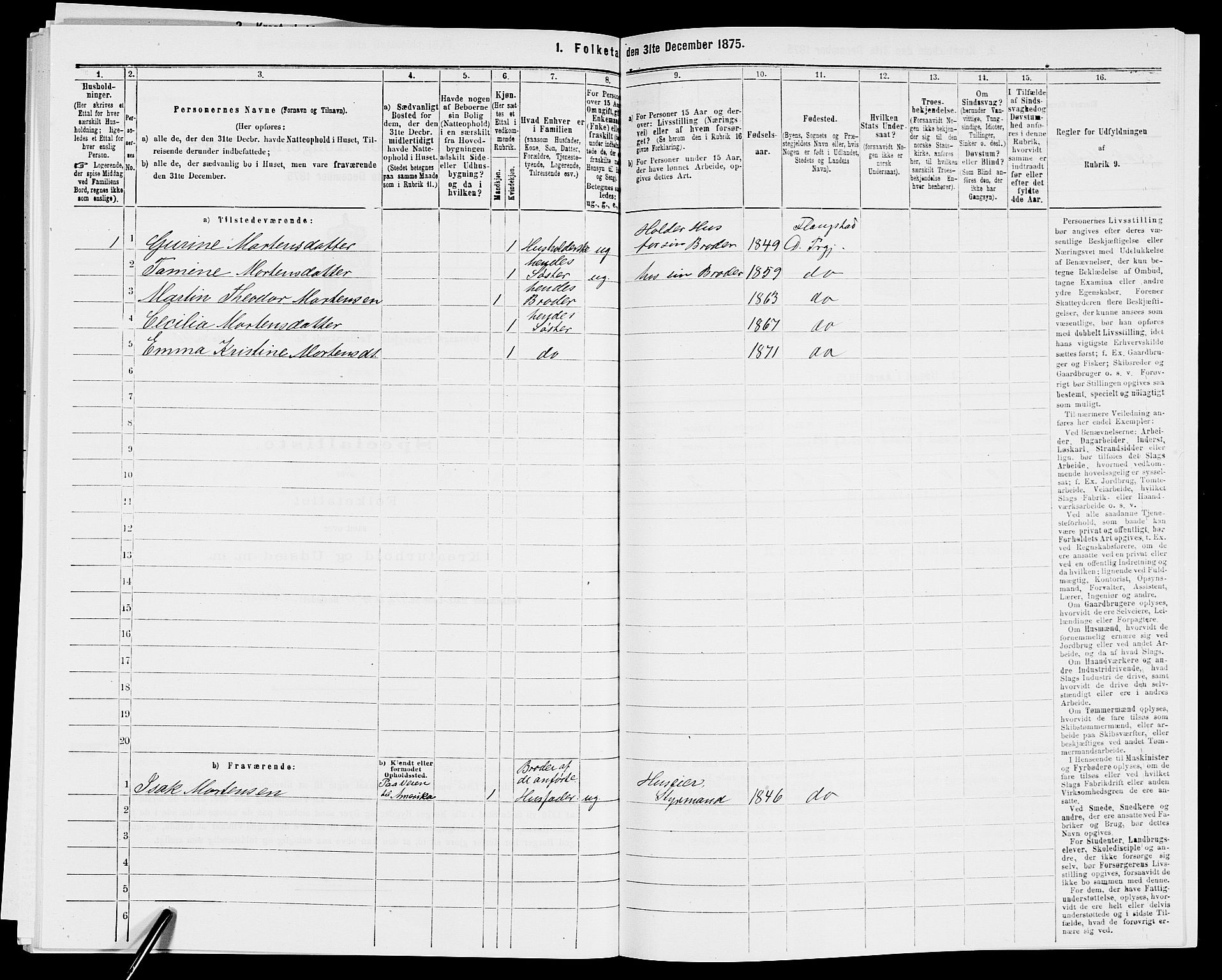 SAK, Folketelling 1875 for 0915P Dypvåg prestegjeld, 1875, s. 1191