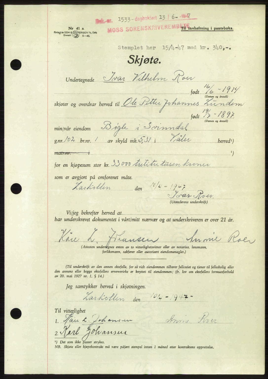 Moss sorenskriveri, SAO/A-10168: Pantebok nr. A17, 1947-1947, Dagboknr: 1533/1947