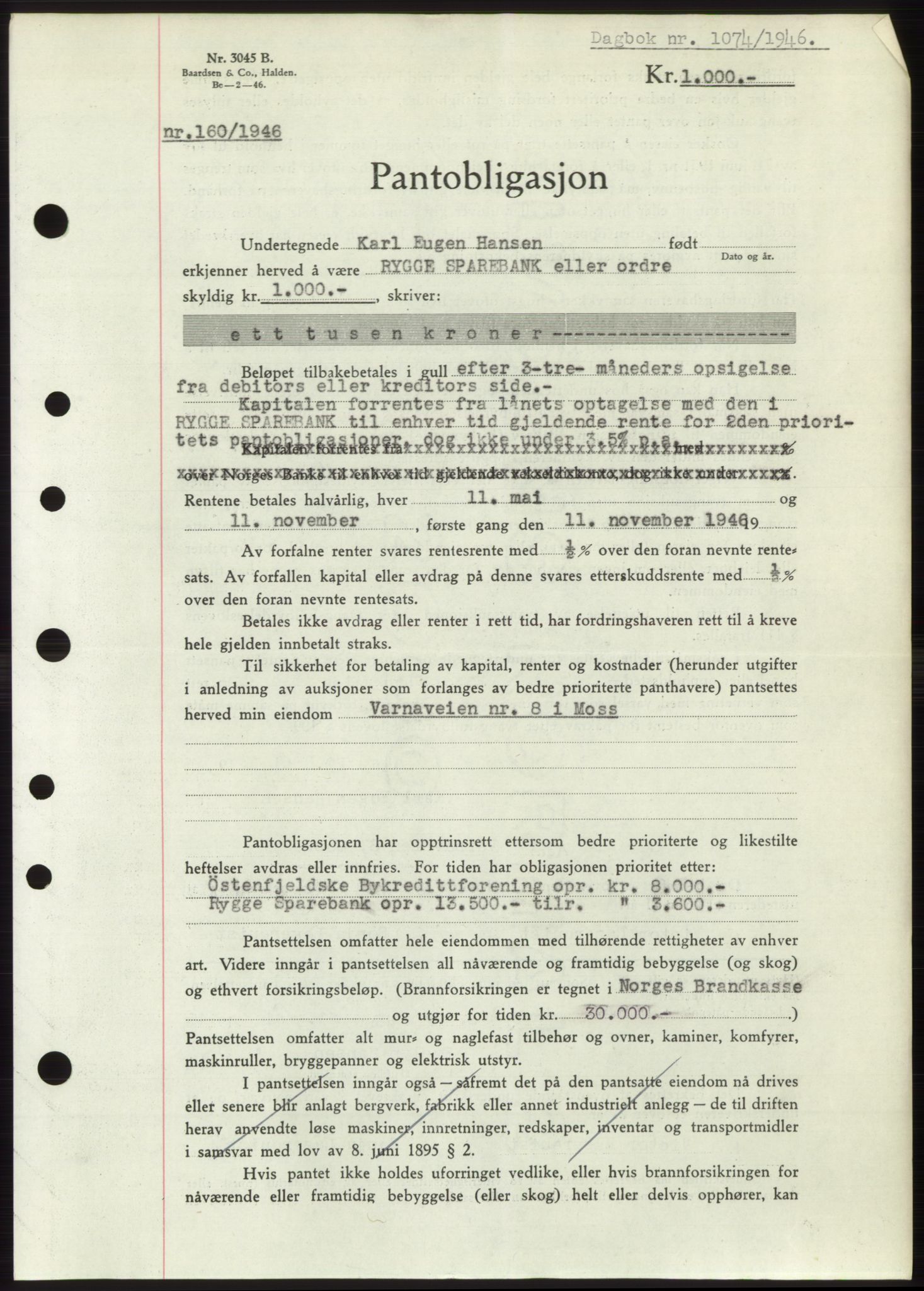 Moss sorenskriveri, SAO/A-10168: Pantebok nr. B15, 1946-1946, Dagboknr: 1074/1946
