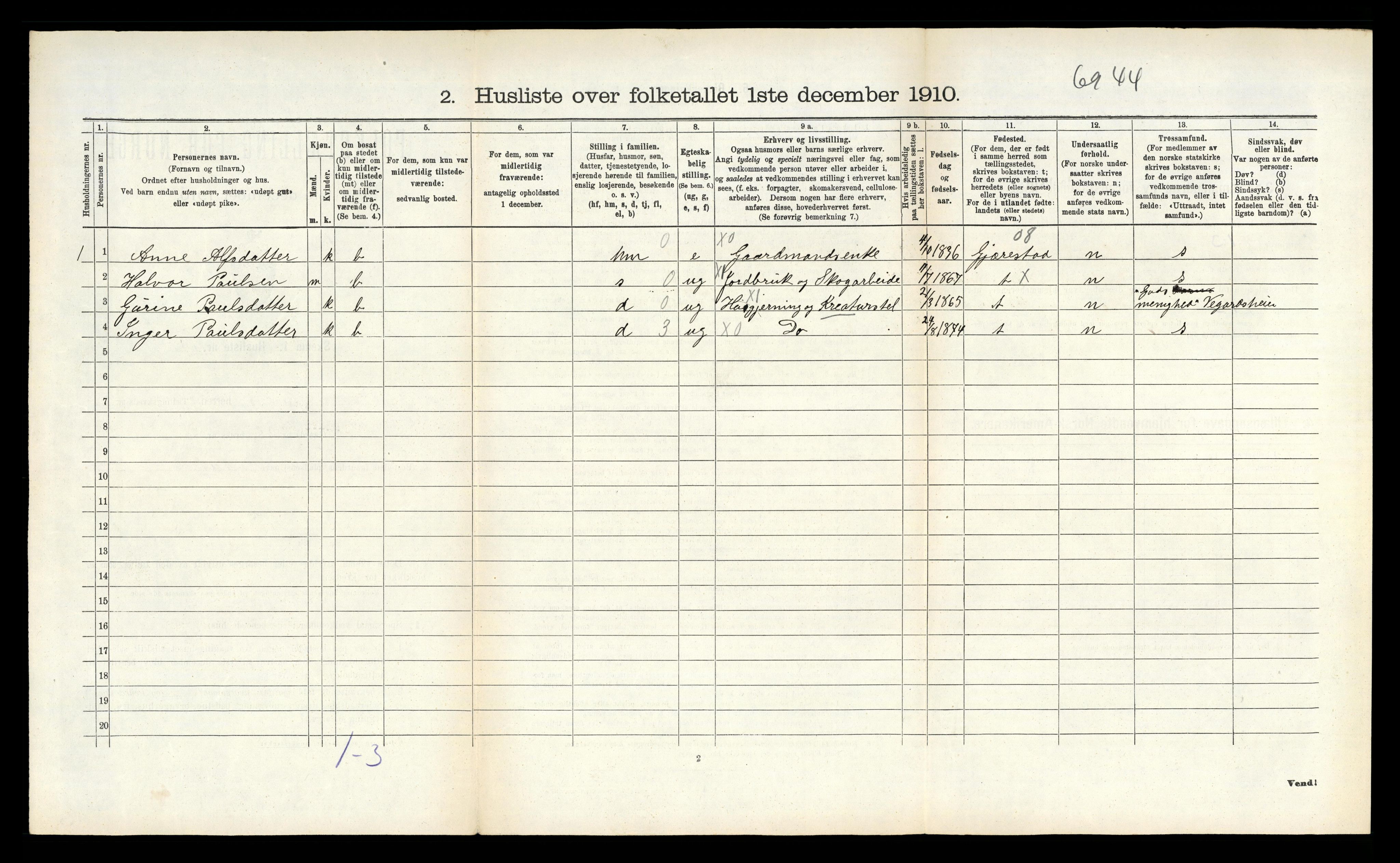 RA, Folketelling 1910 for 0912 Vegårshei herred, 1910, s. 149