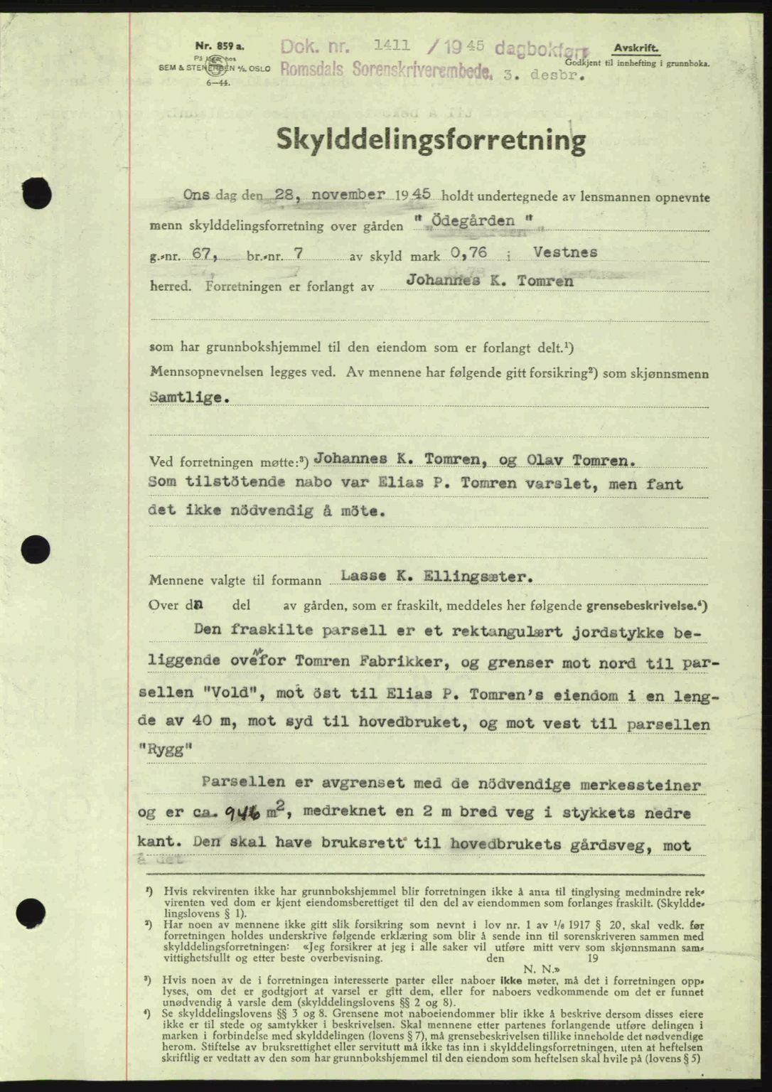 Romsdal sorenskriveri, SAT/A-4149/1/2/2C: Pantebok nr. A18, 1945-1945, Dagboknr: 1411/1945