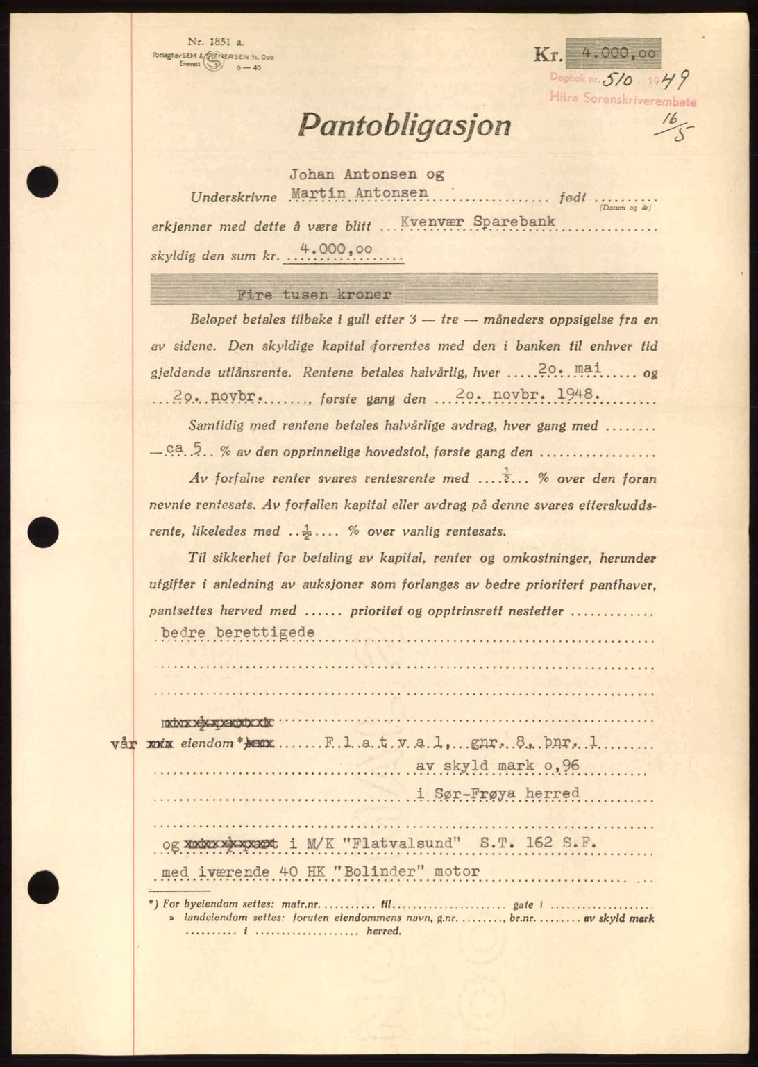 Hitra sorenskriveri, AV/SAT-A-0018/2/2C/2Ca: Pantebok nr. B1, 1939-1949, Dagboknr: 510/1949