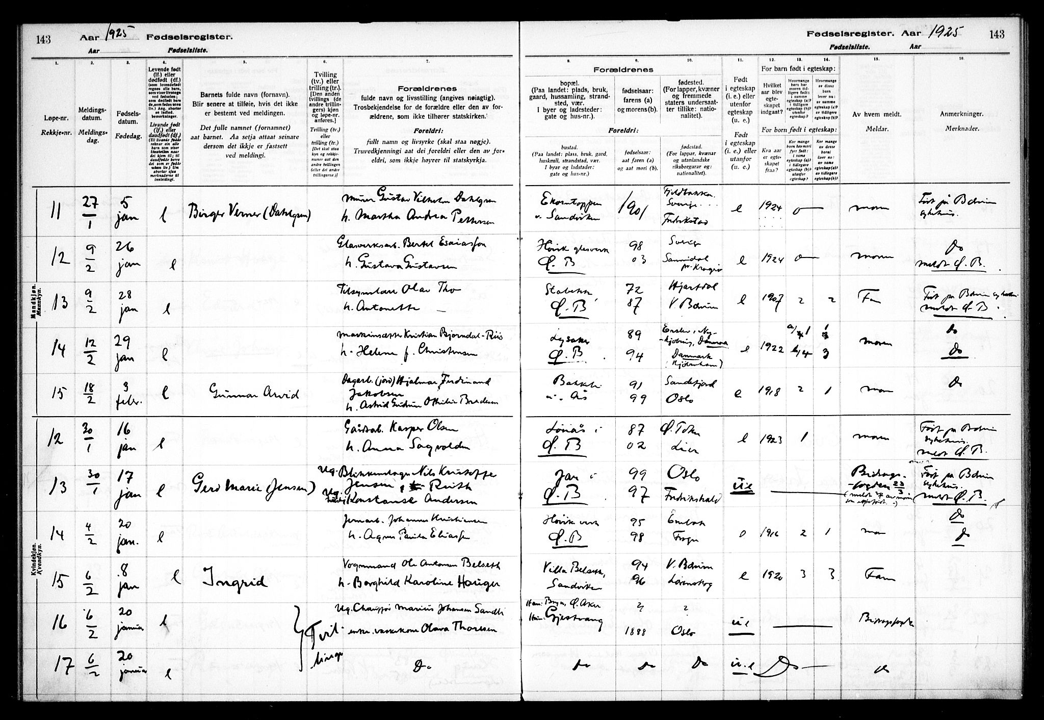 Vestre Bærum prestekontor Kirkebøker, AV/SAO-A-10209a/J/L0001: Fødselsregister nr. 1, 1916-1926, s. 143