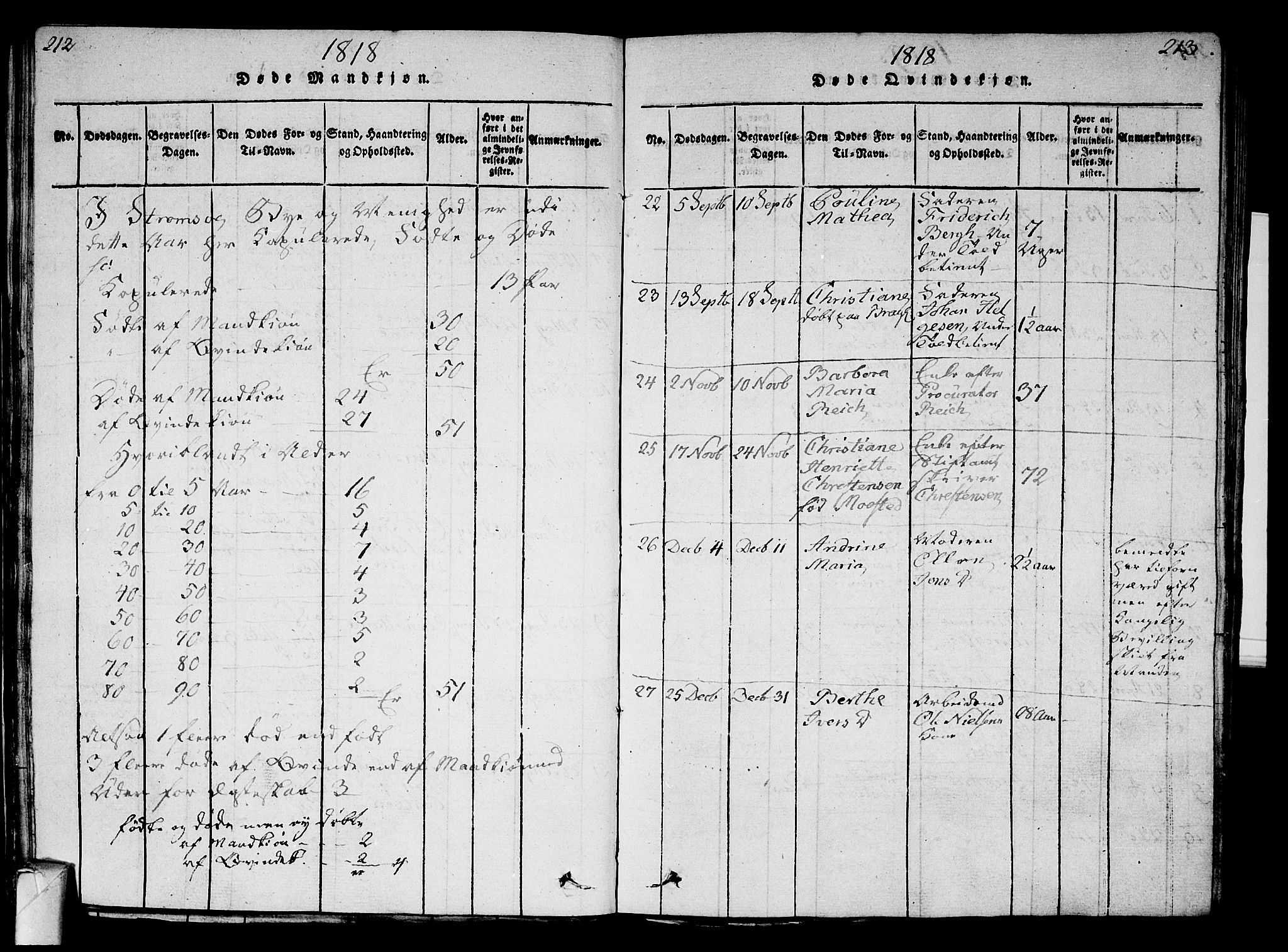 Strømsø kirkebøker, AV/SAKO-A-246/G/Ga/L0001: Klokkerbok nr. 1, 1815-1829, s. 212-213
