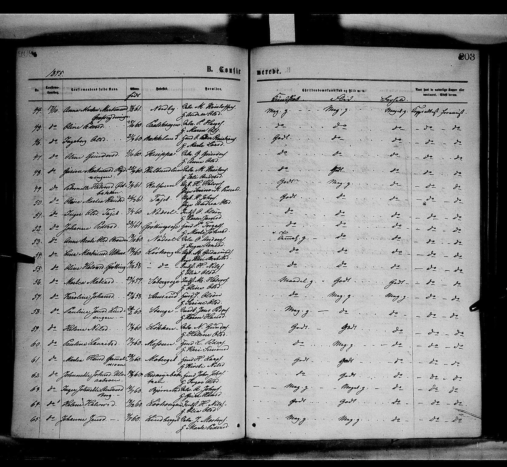 Elverum prestekontor, SAH/PREST-044/H/Ha/Haa/L0011: Ministerialbok nr. 11, 1869-1879, s. 203