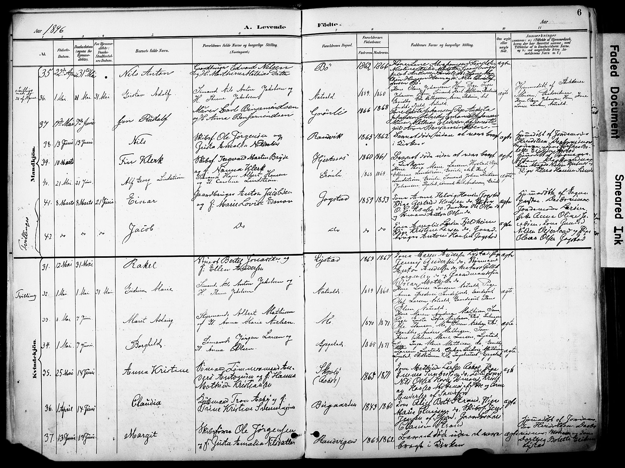 Sandar kirkebøker, AV/SAKO-A-243/F/Fa/L0014: Ministerialbok nr. 14, 1896-1909, s. 6
