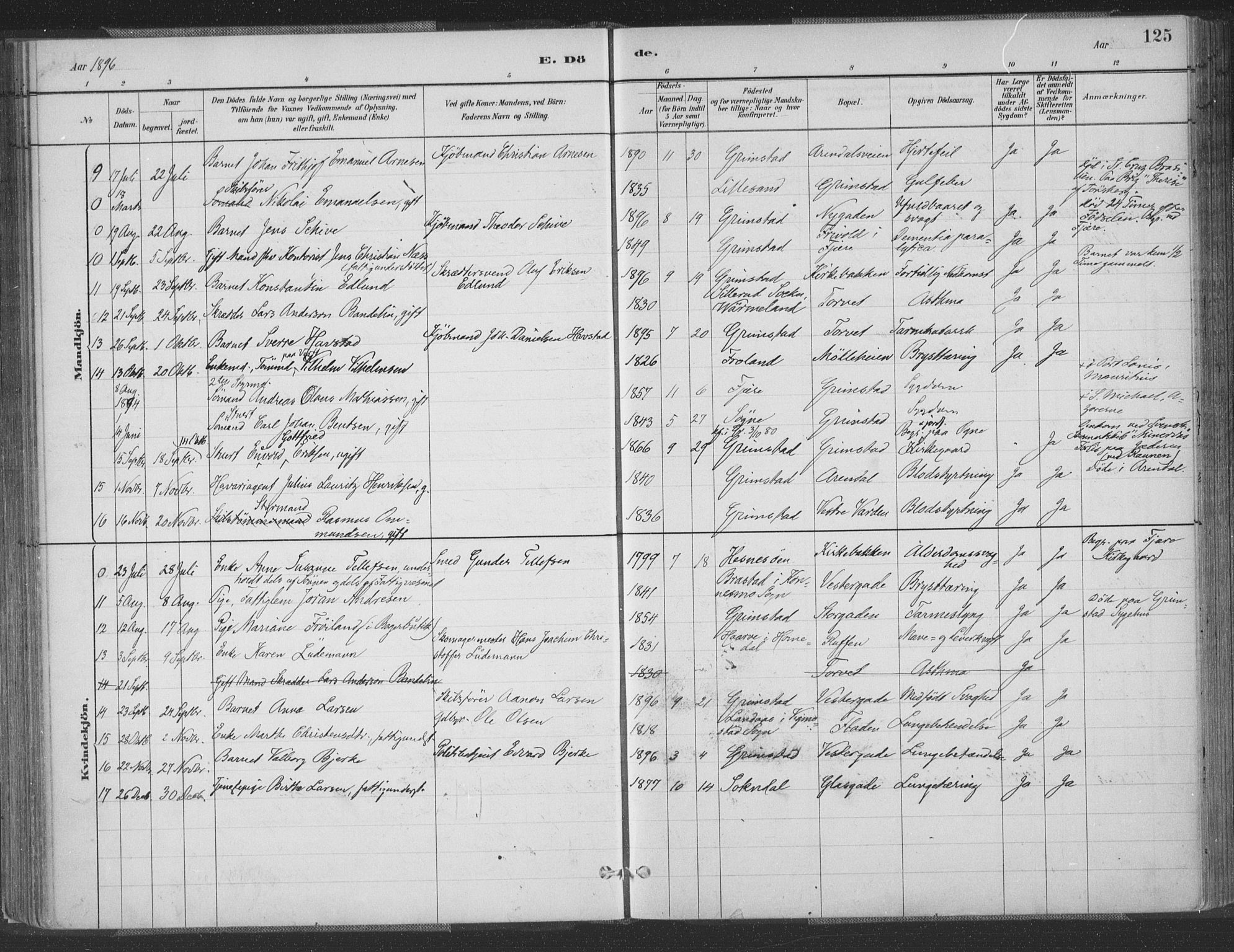 Grimstad sokneprestkontor, AV/SAK-1111-0017/F/Fa/L0004: Ministerialbok nr. A 3, 1882-1910, s. 125