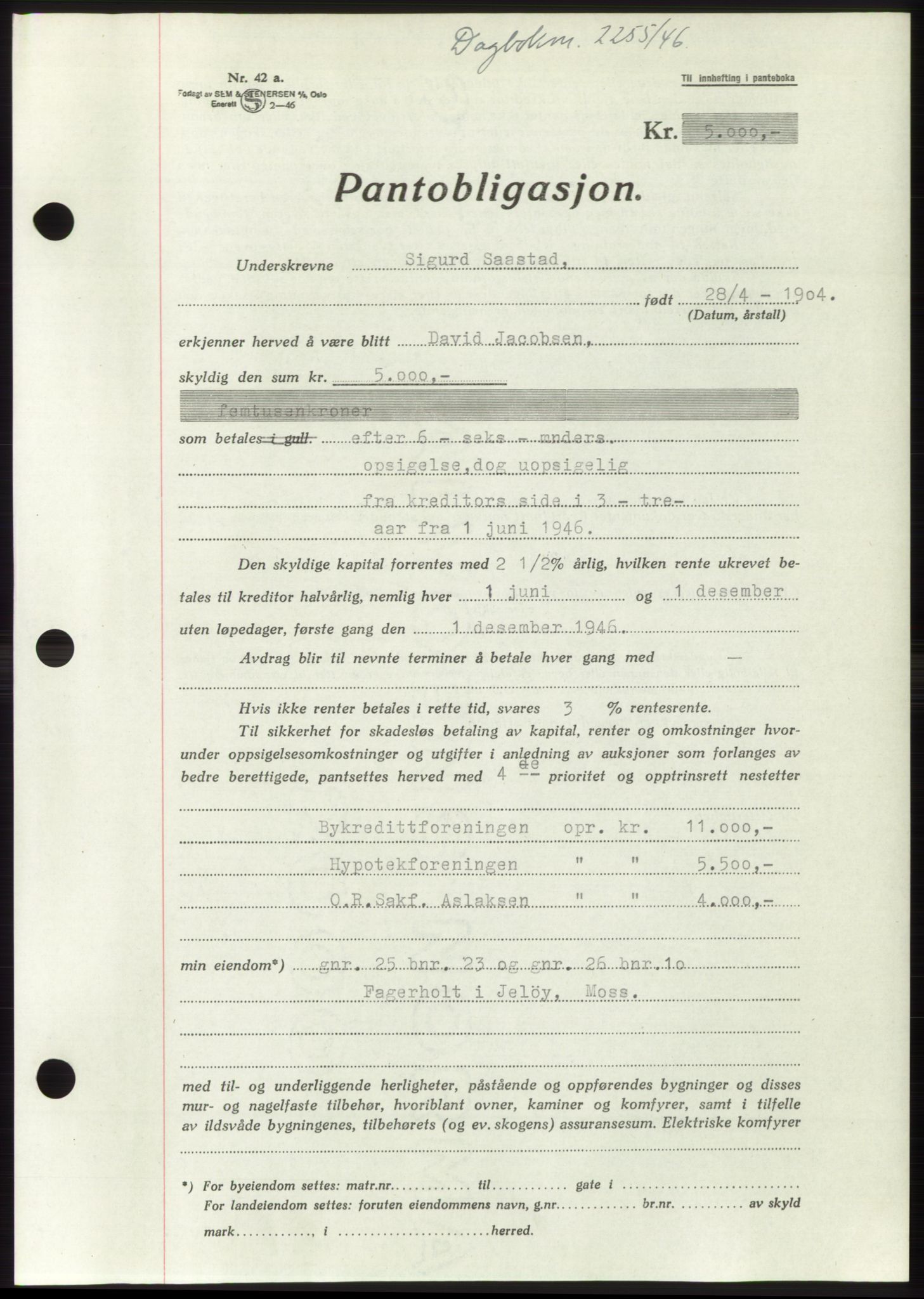 Moss sorenskriveri, SAO/A-10168: Pantebok nr. B16, 1946-1947, Dagboknr: 2255/1946