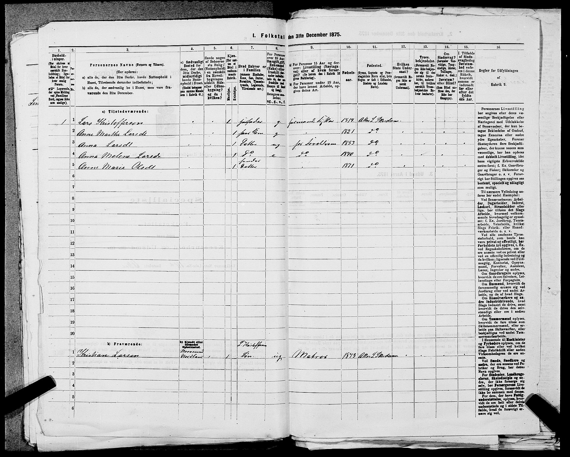 SAST, Folketelling 1875 for 1150L Skudenes prestegjeld, Falnes sokn, Åkra sokn og Ferkingstad sokn, 1875, s. 567