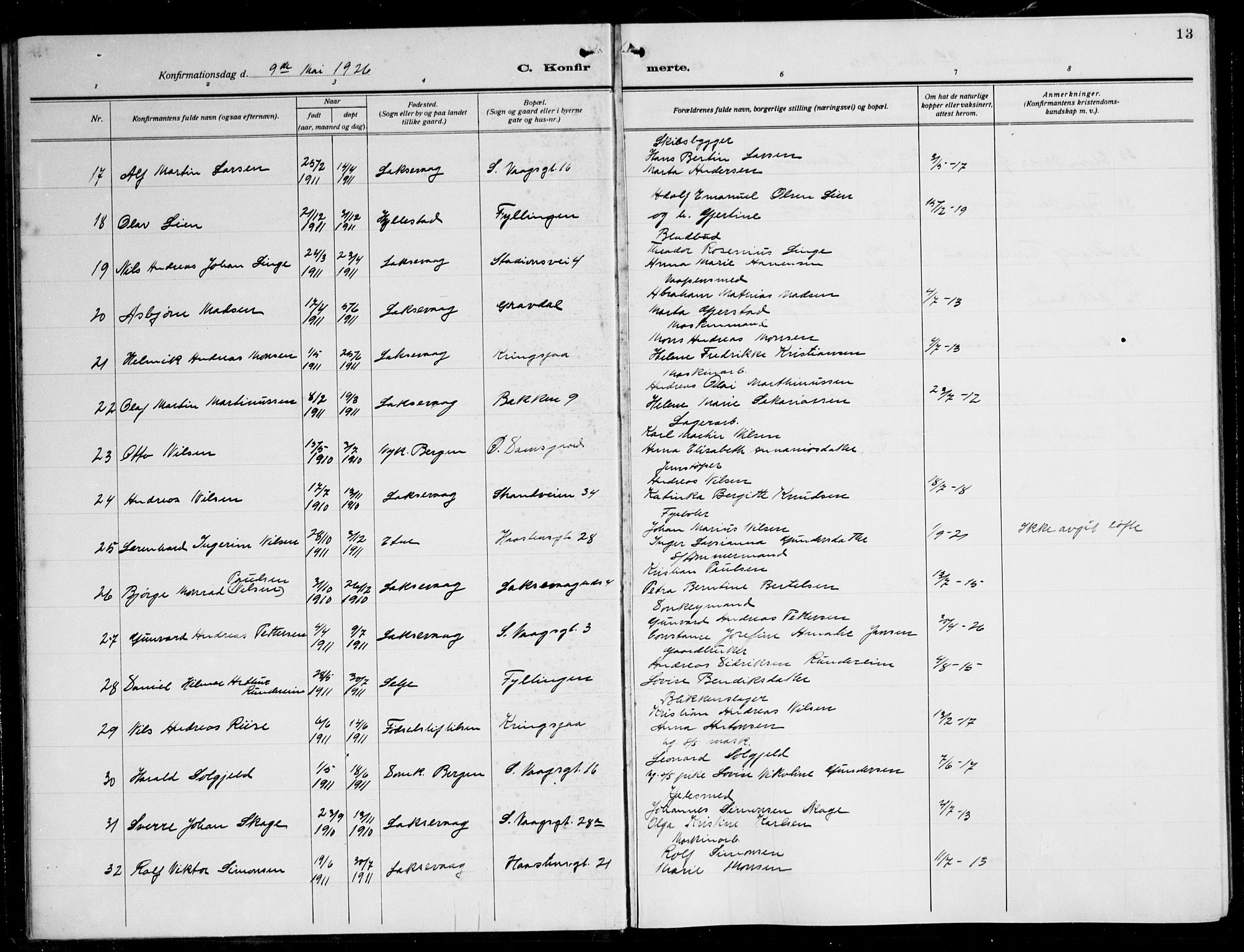 Laksevåg Sokneprestembete, SAB/A-76501/H/Ha/Hab/Haba: Klokkerbok nr. A 10, 1925-1942, s. 13