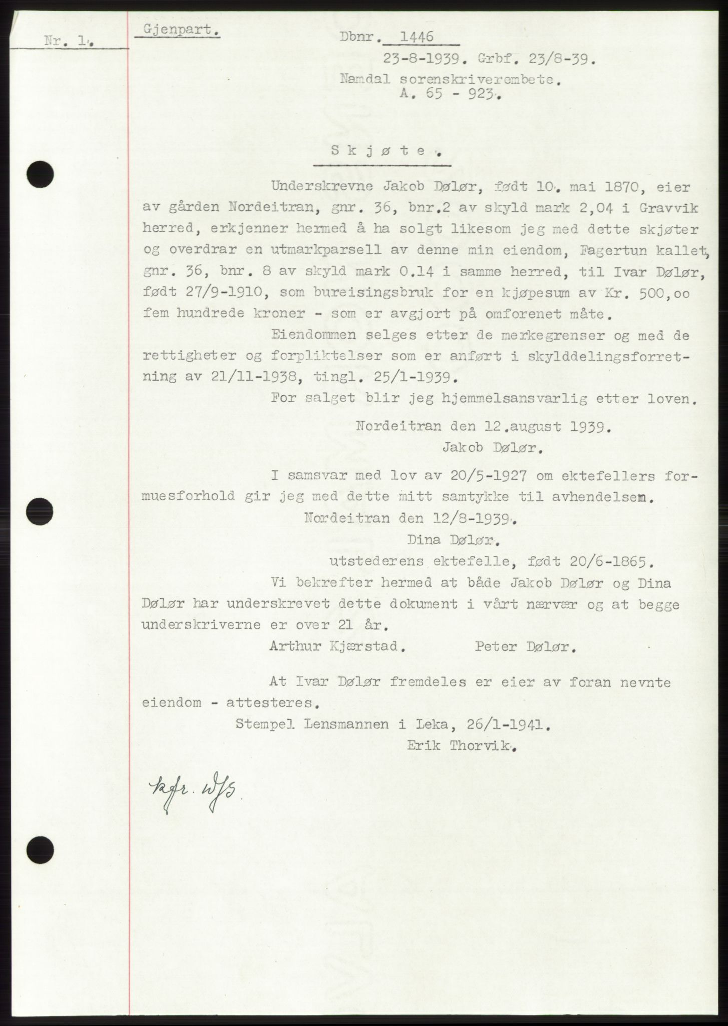 Namdal sorenskriveri, SAT/A-4133/1/2/2C: Pantebok nr. -, 1937-1939, Tingl.dato: 23.08.1939