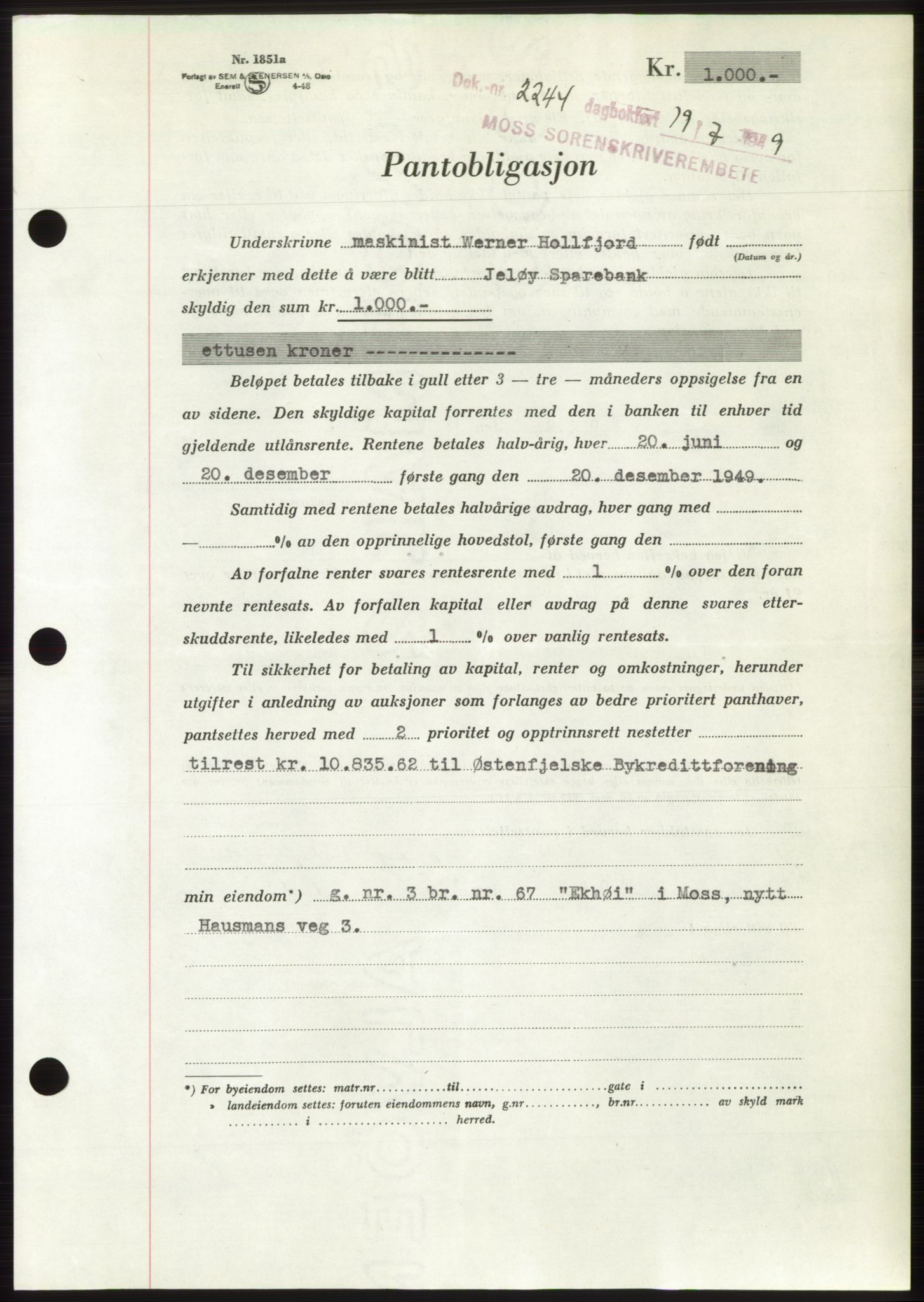 Moss sorenskriveri, SAO/A-10168: Pantebok nr. B22, 1949-1949, Dagboknr: 2244/1949