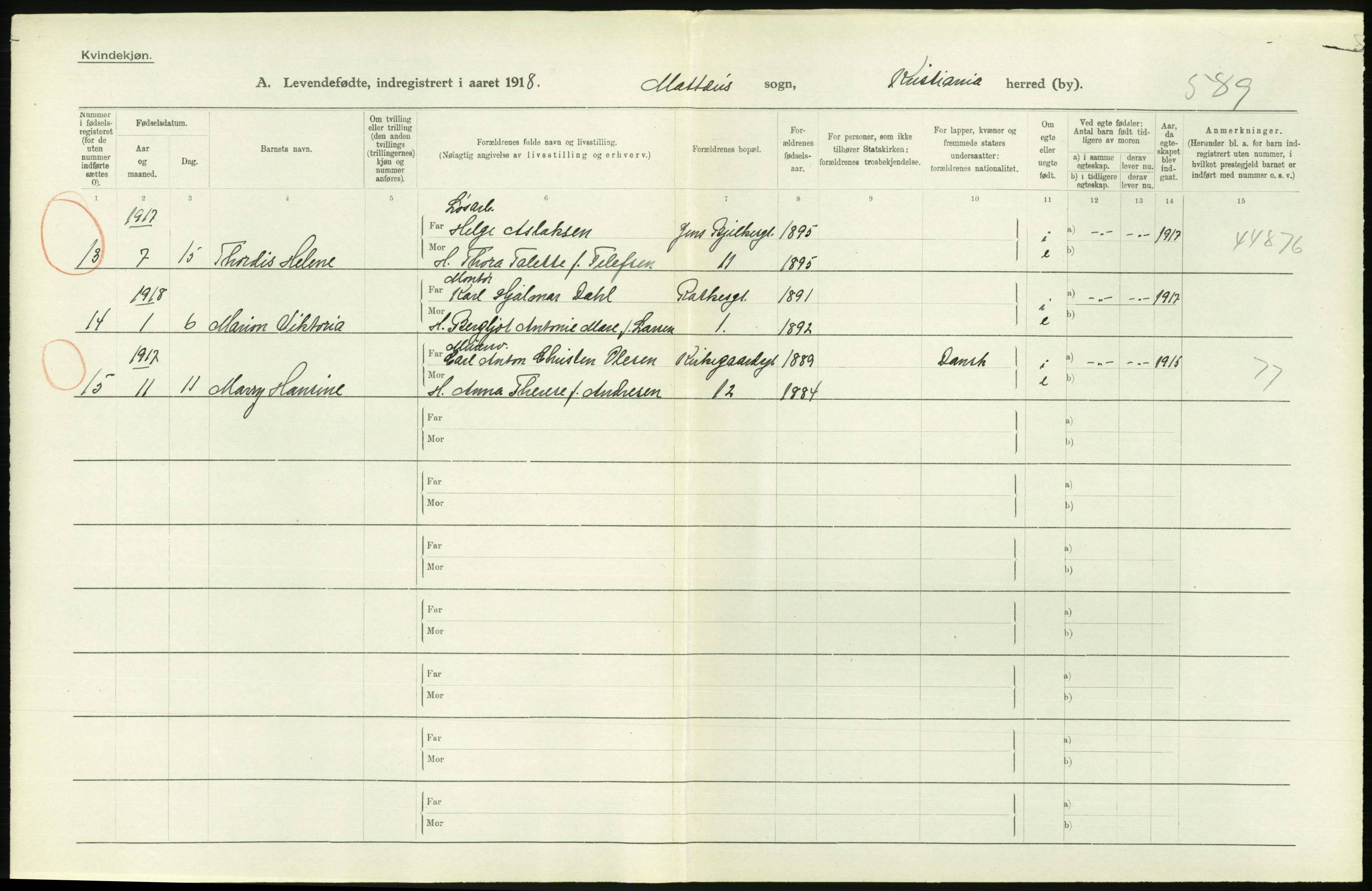 Statistisk sentralbyrå, Sosiodemografiske emner, Befolkning, AV/RA-S-2228/D/Df/Dfb/Dfbh/L0008: Kristiania: Levendefødte menn og kvinner., 1918, s. 30