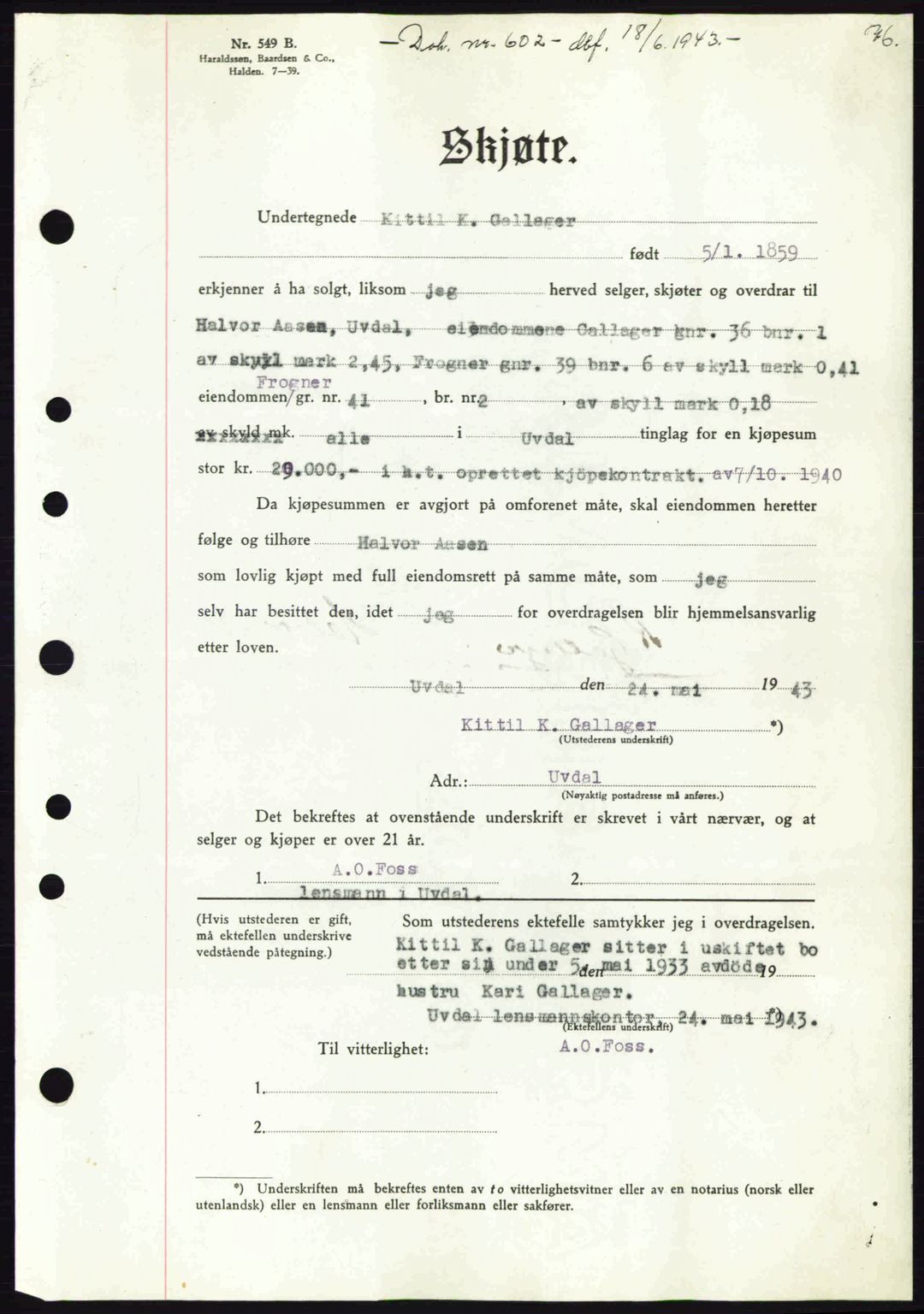 Numedal og Sandsvær sorenskriveri, SAKO/A-128/G/Ga/Gaa/L0055: Pantebok nr. A7, 1943-1944, Dagboknr: 602/1943