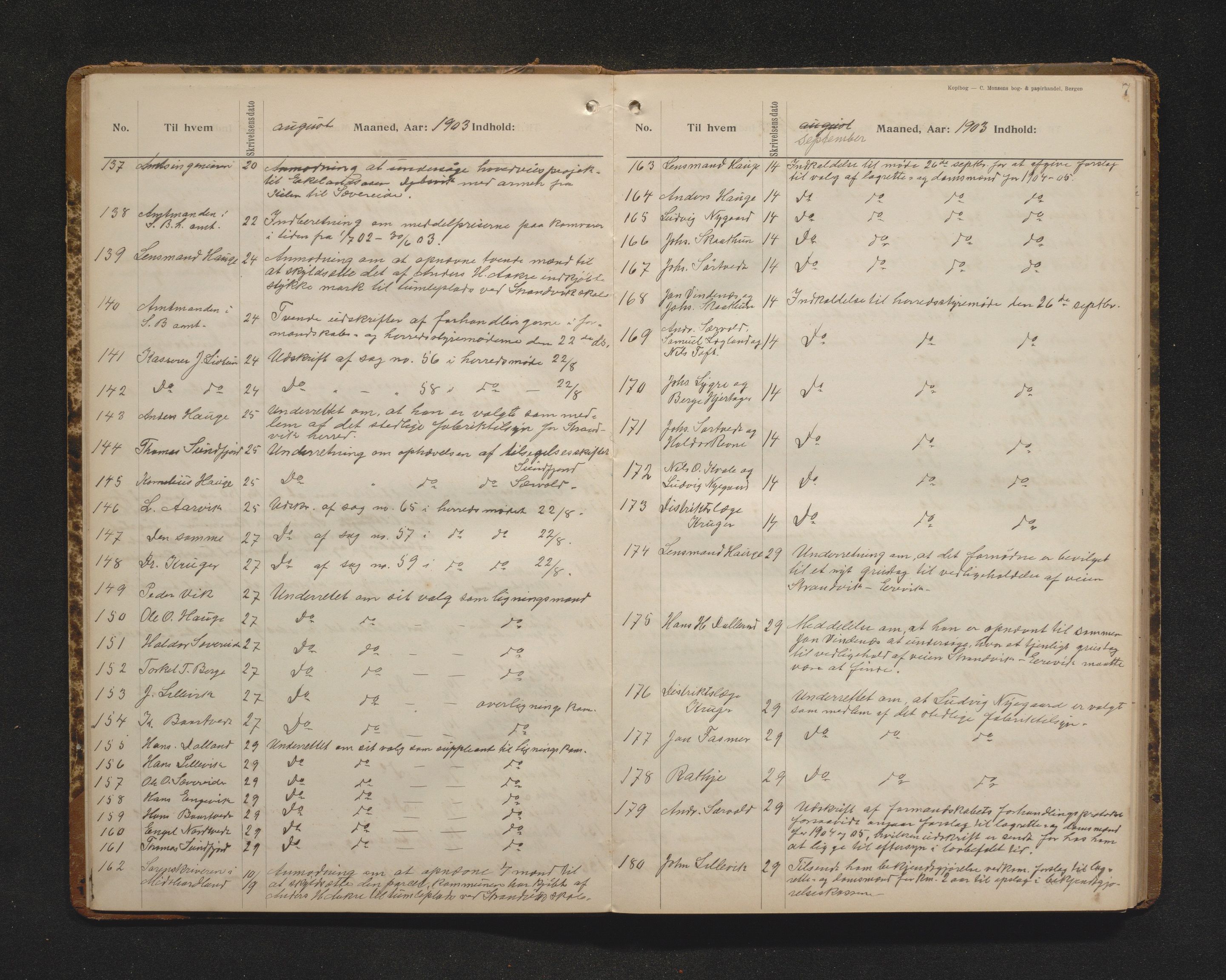 Strandvik kommune. Formannskapet, IKAH/1240-021/C/Ca/L0002: Postjournal utgåande med resyme av utgåande brev, 1903-1917