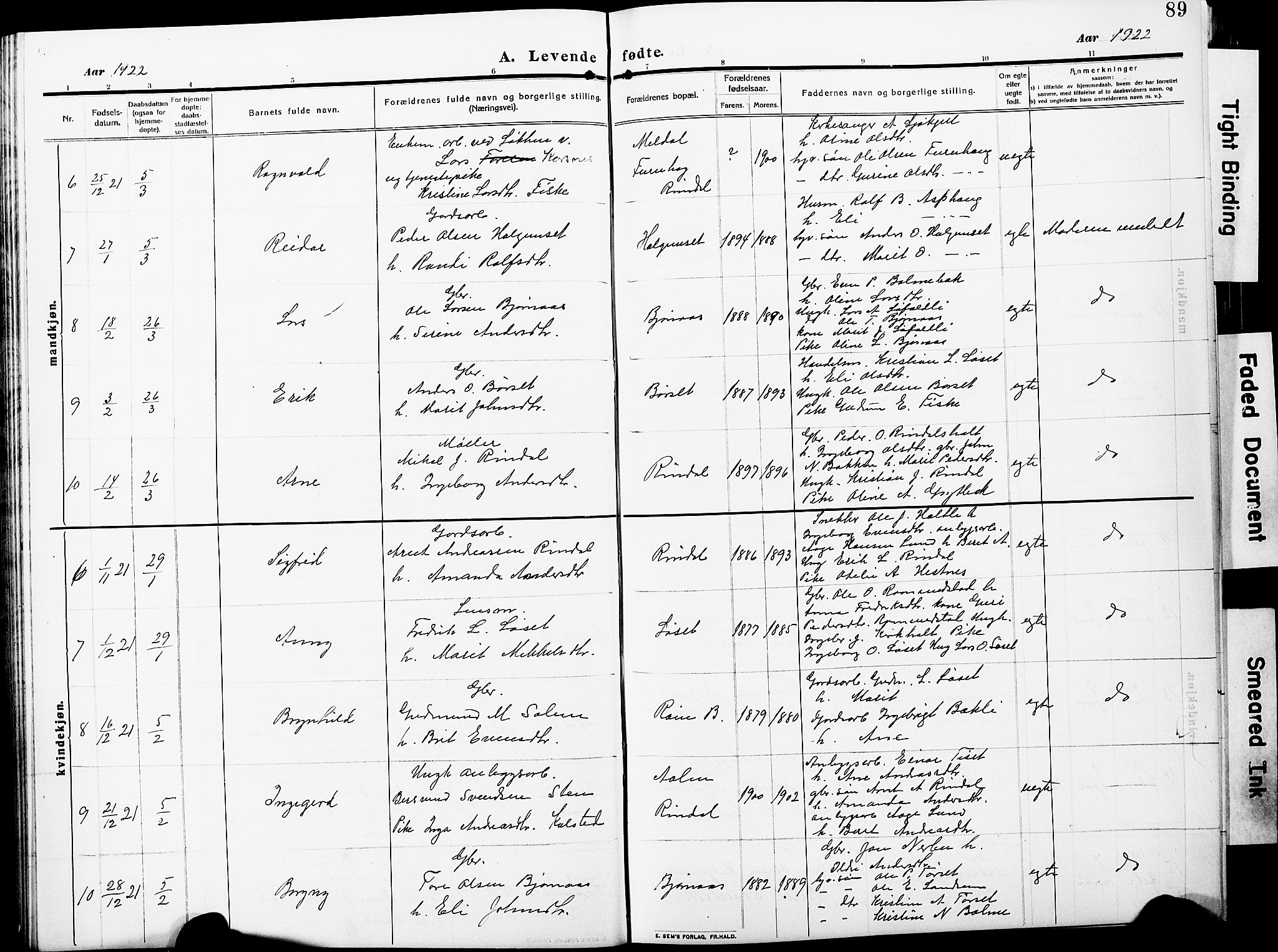 Ministerialprotokoller, klokkerbøker og fødselsregistre - Møre og Romsdal, AV/SAT-A-1454/598/L1079: Klokkerbok nr. 598C04, 1909-1927, s. 89