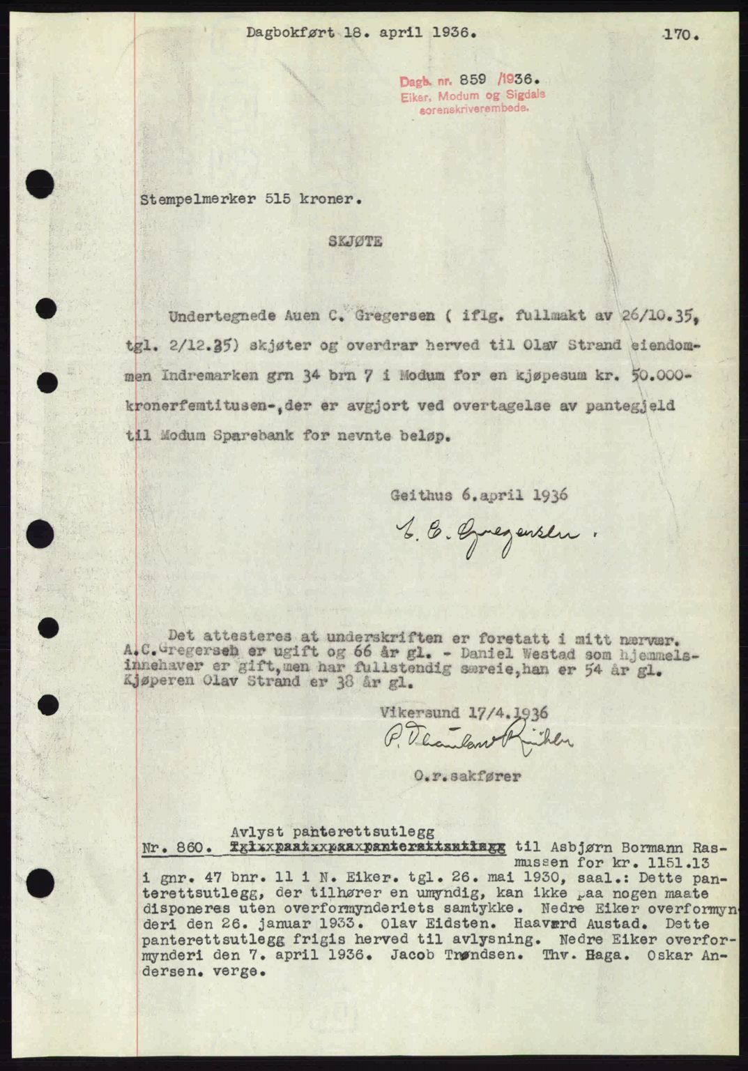 Eiker, Modum og Sigdal sorenskriveri, SAKO/A-123/G/Ga/Gab/L0032: Pantebok nr. A2, 1936-1936, Dagboknr: 859/1936