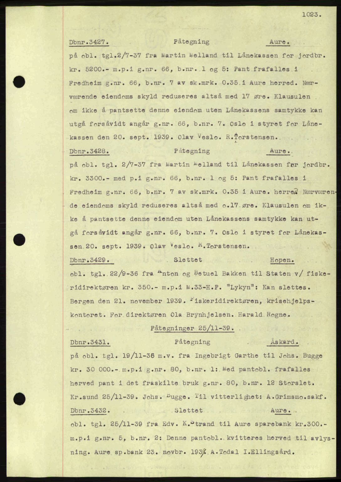 Nordmøre sorenskriveri, SAT/A-4132/1/2/2Ca: Pantebok nr. C80, 1936-1939, Dagboknr: 3427/1939
