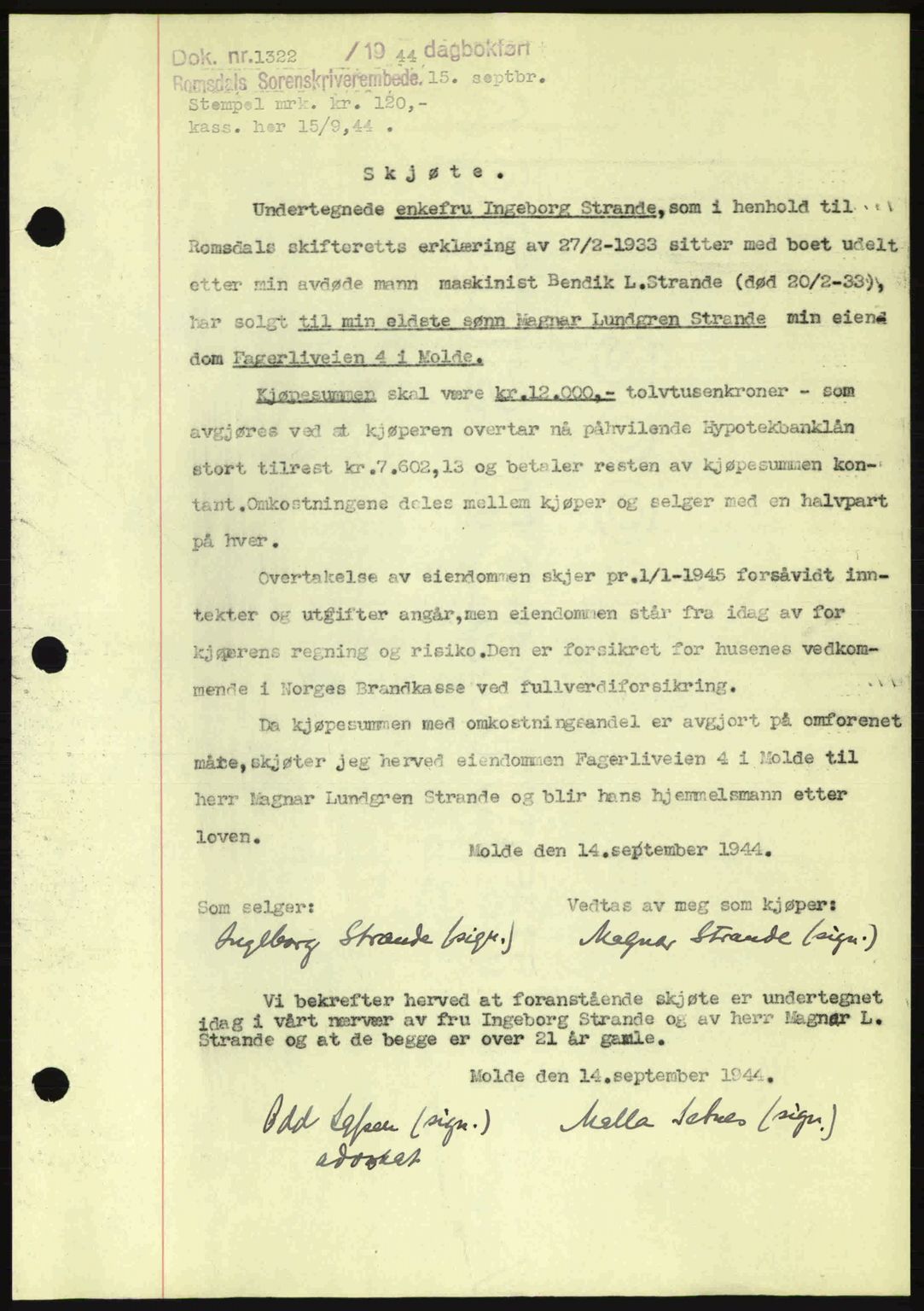Romsdal sorenskriveri, SAT/A-4149/1/2/2C: Pantebok nr. A16, 1944-1944, Dagboknr: 1322/1944