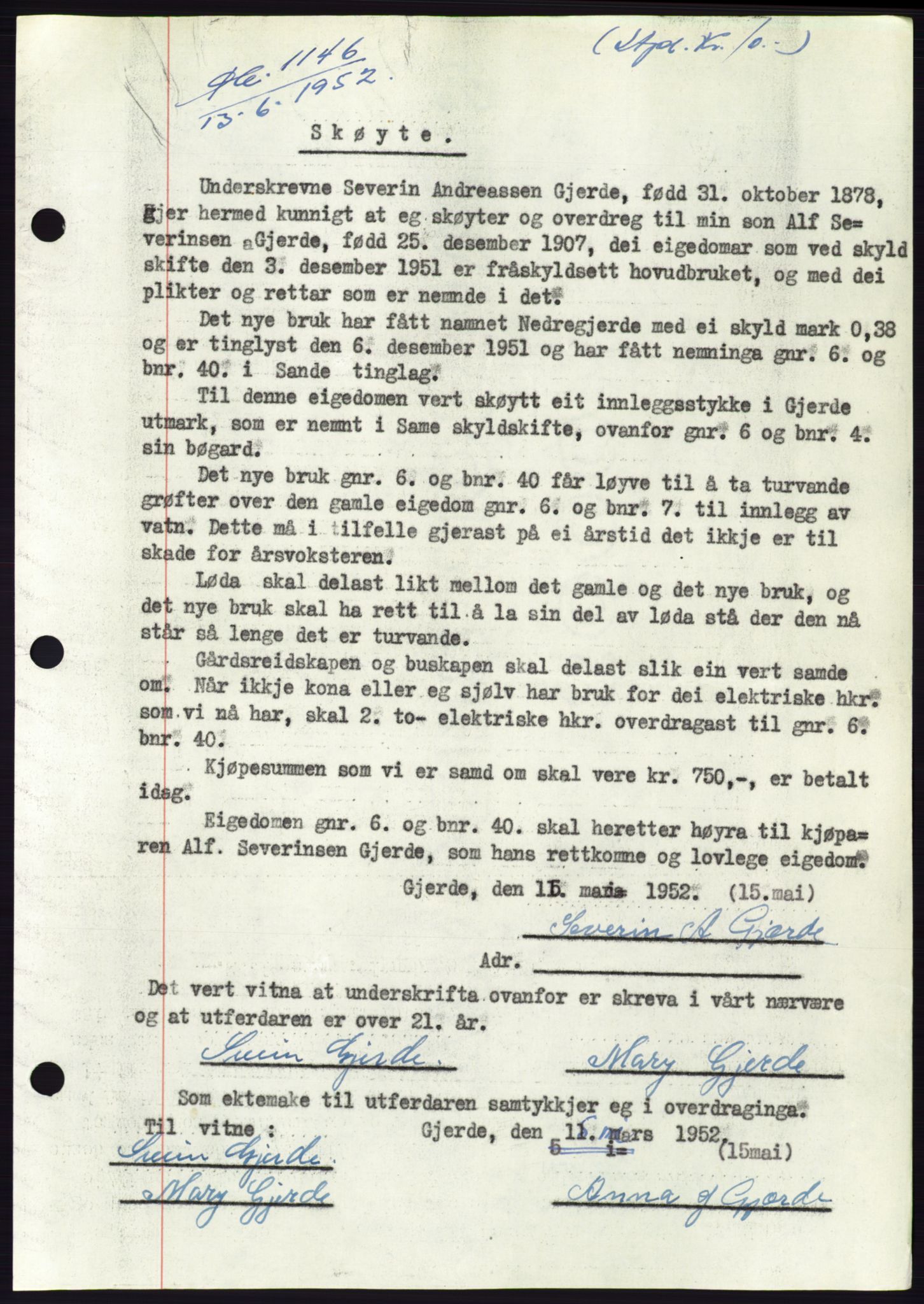 Søre Sunnmøre sorenskriveri, AV/SAT-A-4122/1/2/2C/L0092: Pantebok nr. 18A, 1952-1952, Dagboknr: 1146/1952