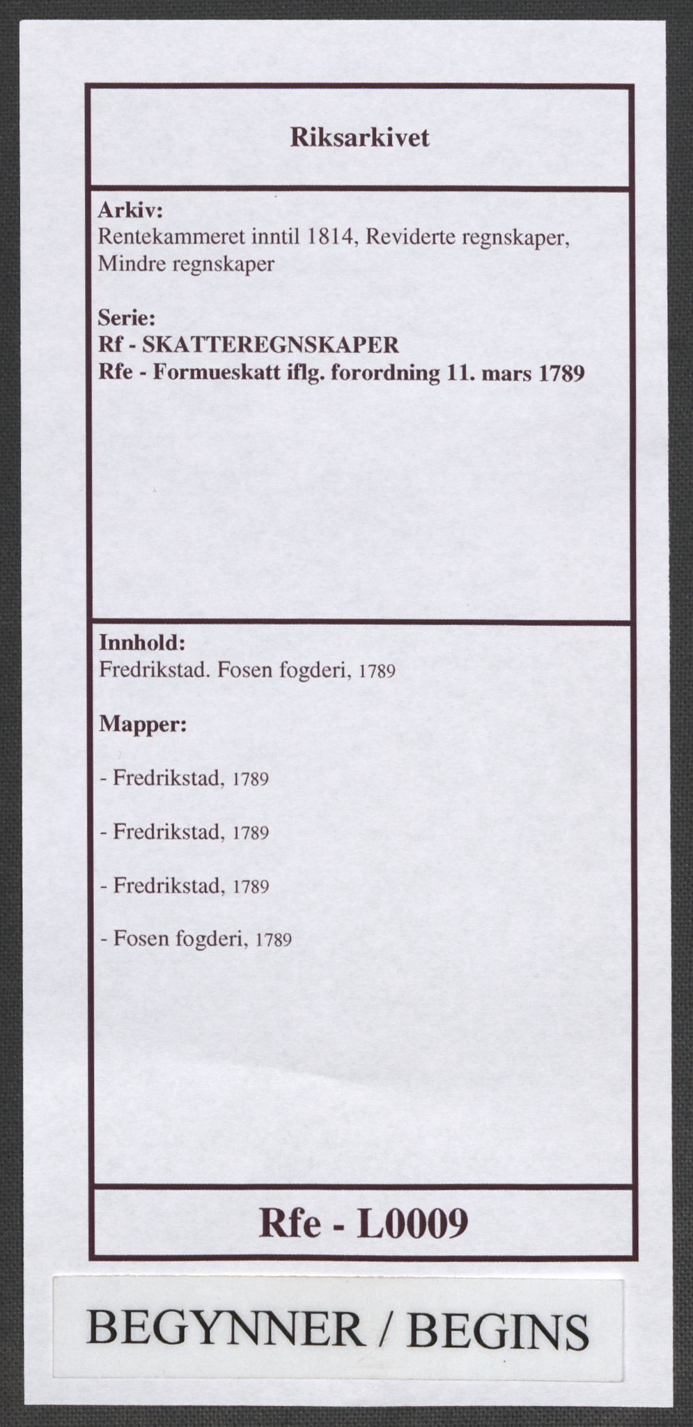 Rentekammeret inntil 1814, Reviderte regnskaper, Mindre regnskaper, RA/EA-4068/Rf/Rfe/L0009: Fredrikstad. Fosen fogderi, 1789, s. 1