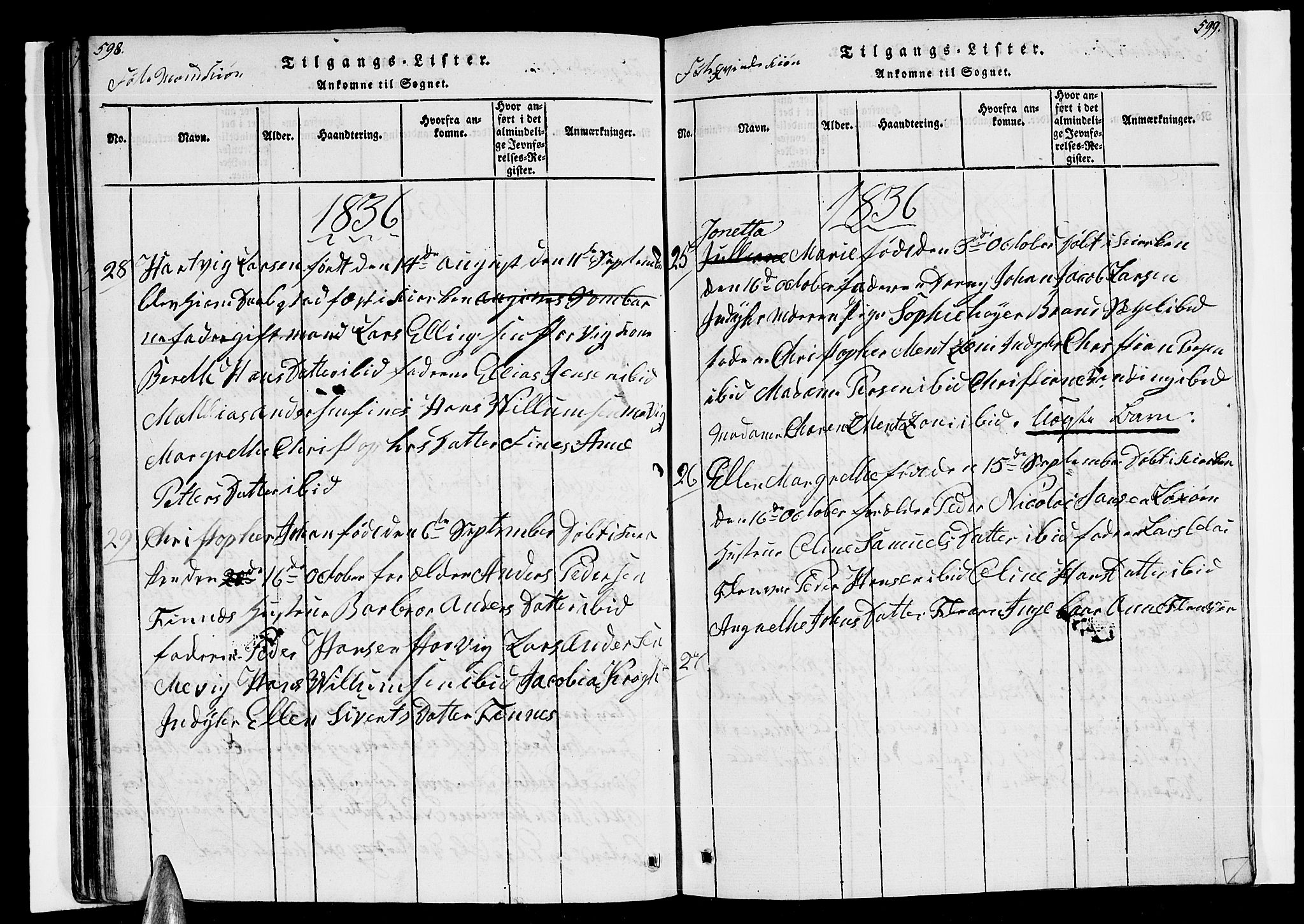 Ministerialprotokoller, klokkerbøker og fødselsregistre - Nordland, AV/SAT-A-1459/805/L0105: Klokkerbok nr. 805C01, 1820-1839, s. 598-599