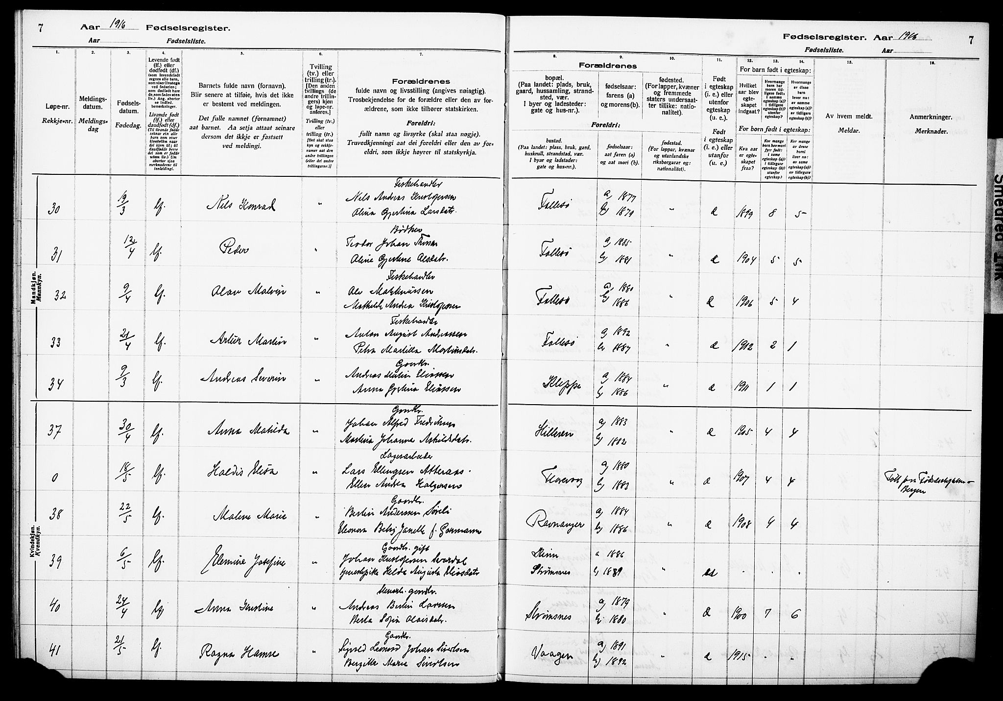 Askøy Sokneprestembete, AV/SAB-A-74101/I/Id/L00A1: Fødselsregister nr. A 1, 1916-1928, s. 7