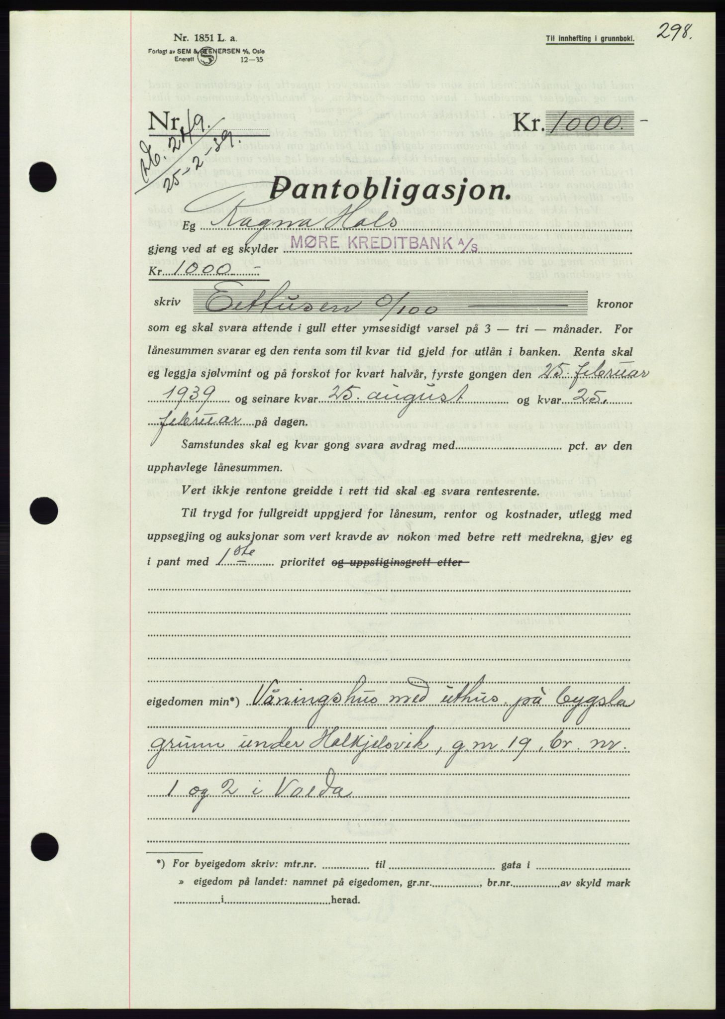 Søre Sunnmøre sorenskriveri, AV/SAT-A-4122/1/2/2C/L0067: Pantebok nr. 61, 1938-1939, Dagboknr: 249/1939