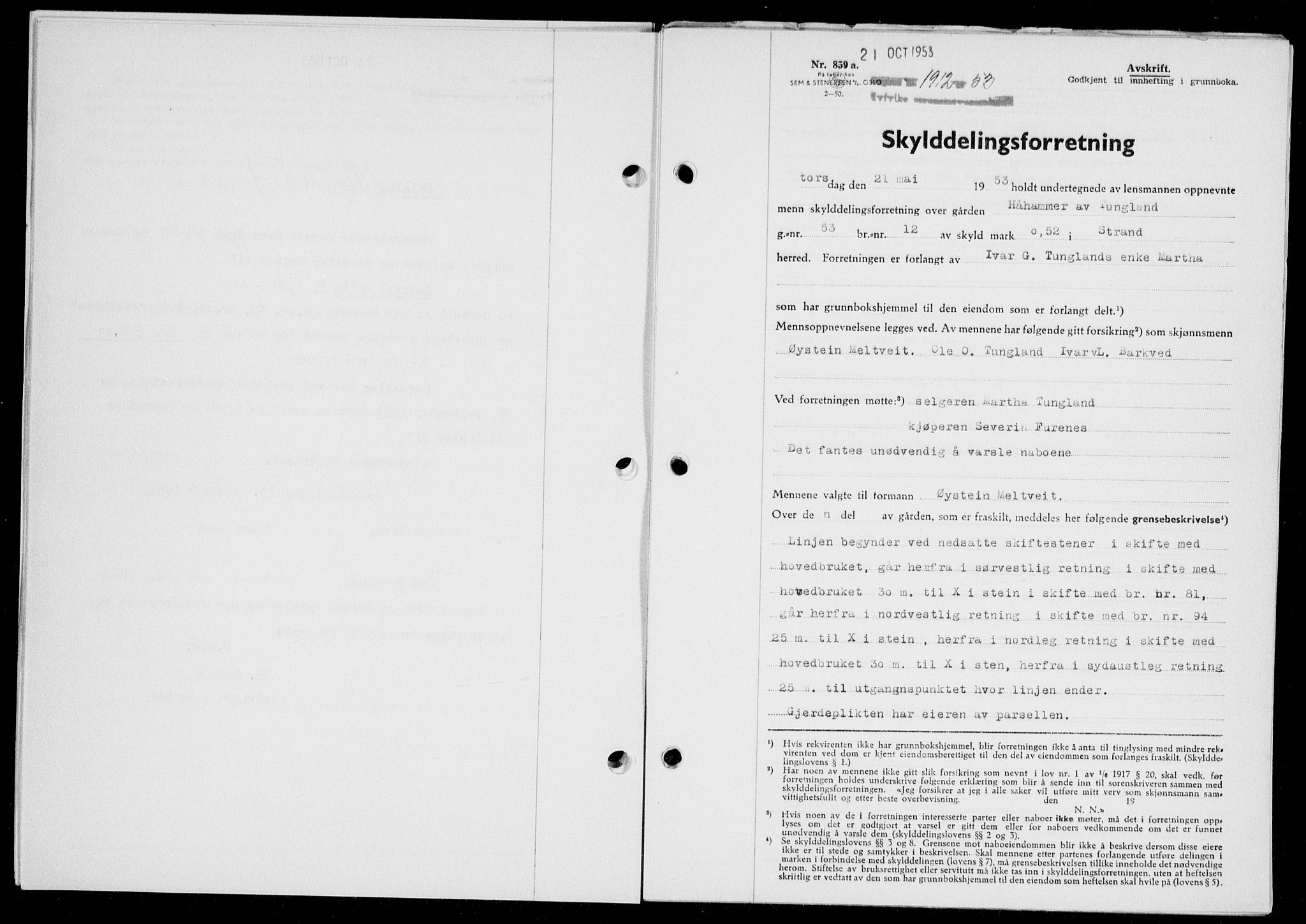 Ryfylke tingrett, SAST/A-100055/001/II/IIB/L0123: Pantebok nr. 102, 1953-1954, Dagboknr: 1912/1953