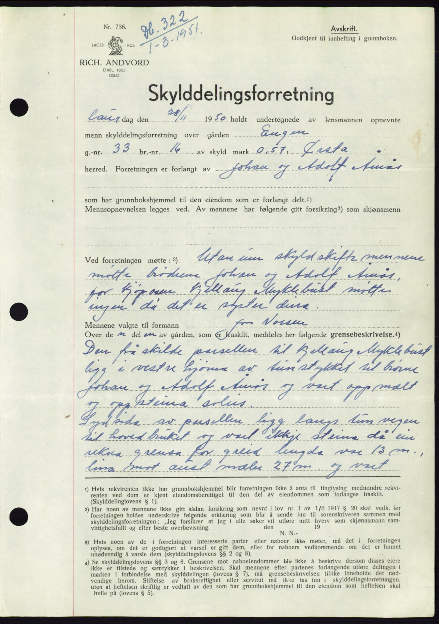 Søre Sunnmøre sorenskriveri, SAT/A-4122/1/2/2C/L0088: Pantebok nr. 14A, 1950-1951, Dagboknr: 322/1951