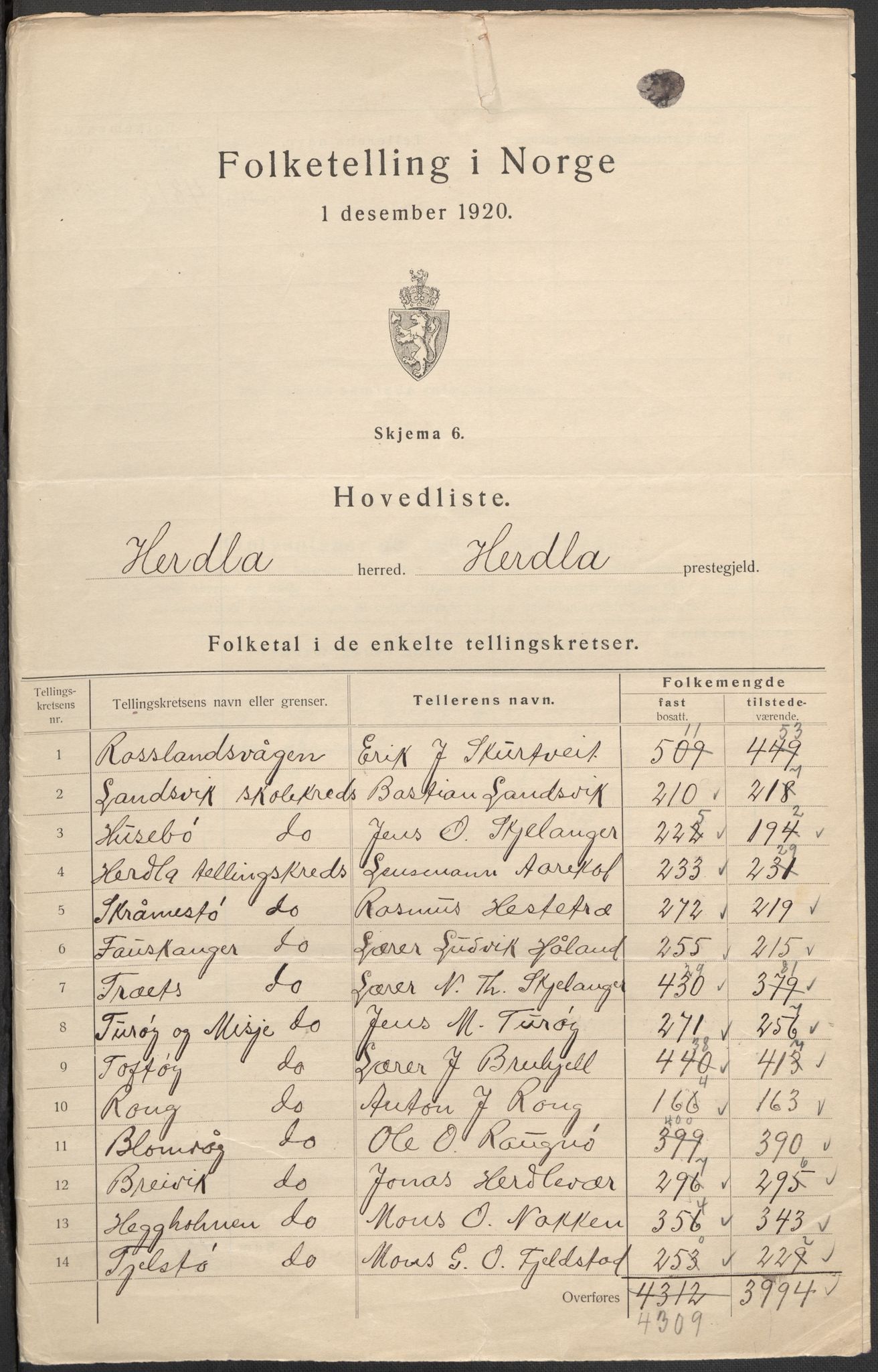 SAB, Folketelling 1920 for 1258 Herdla herred, 1920, s. 3