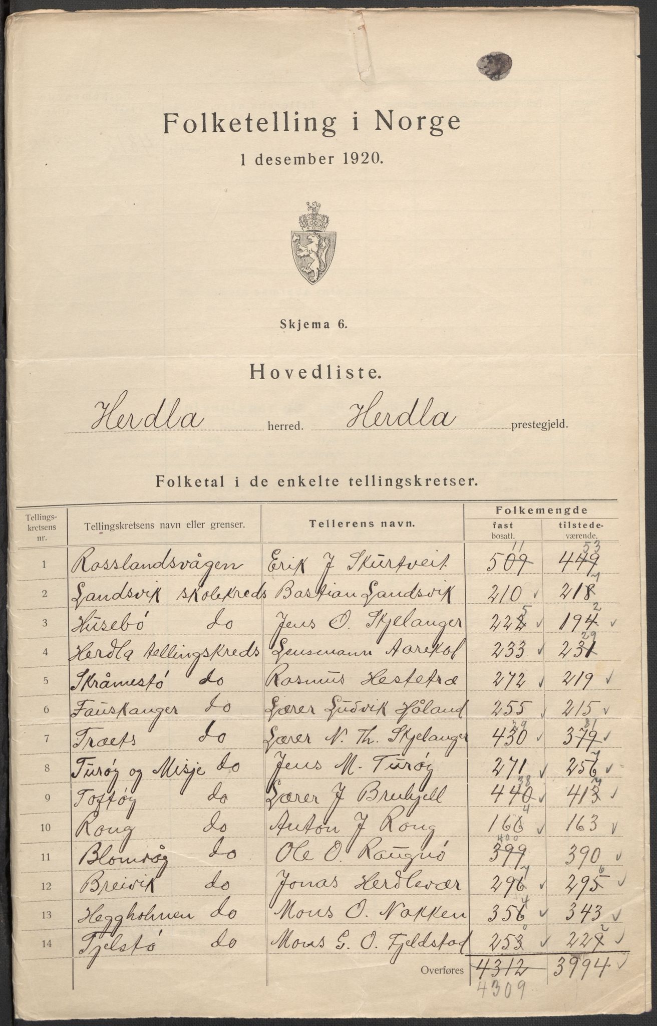 SAB, Folketelling 1920 for 1258 Herdla herred, 1920, s. 3
