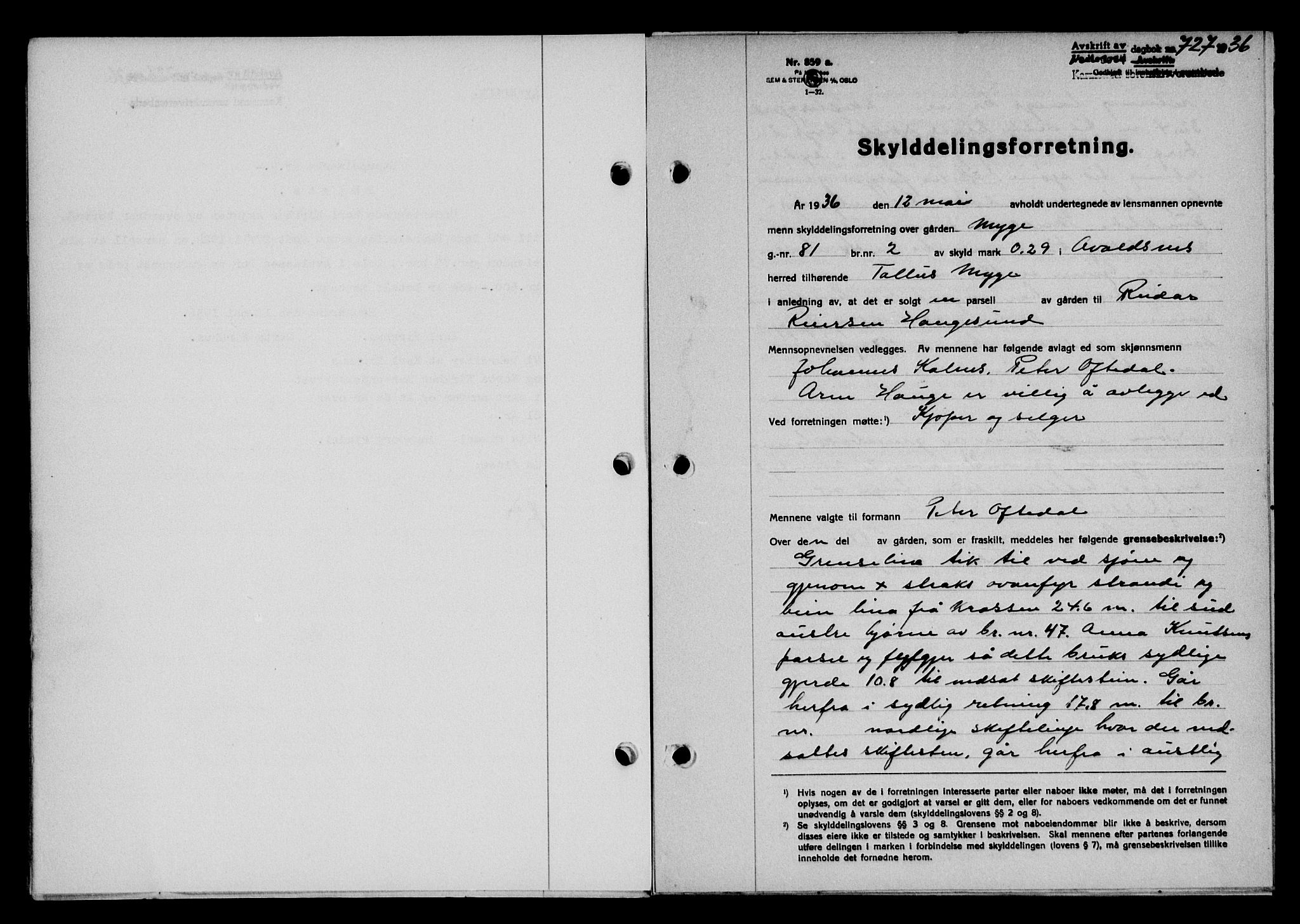Karmsund sorenskriveri, SAST/A-100311/01/II/IIB/L0066: Pantebok nr. 47A, 1936-1936, Dagboknr: 727/1936