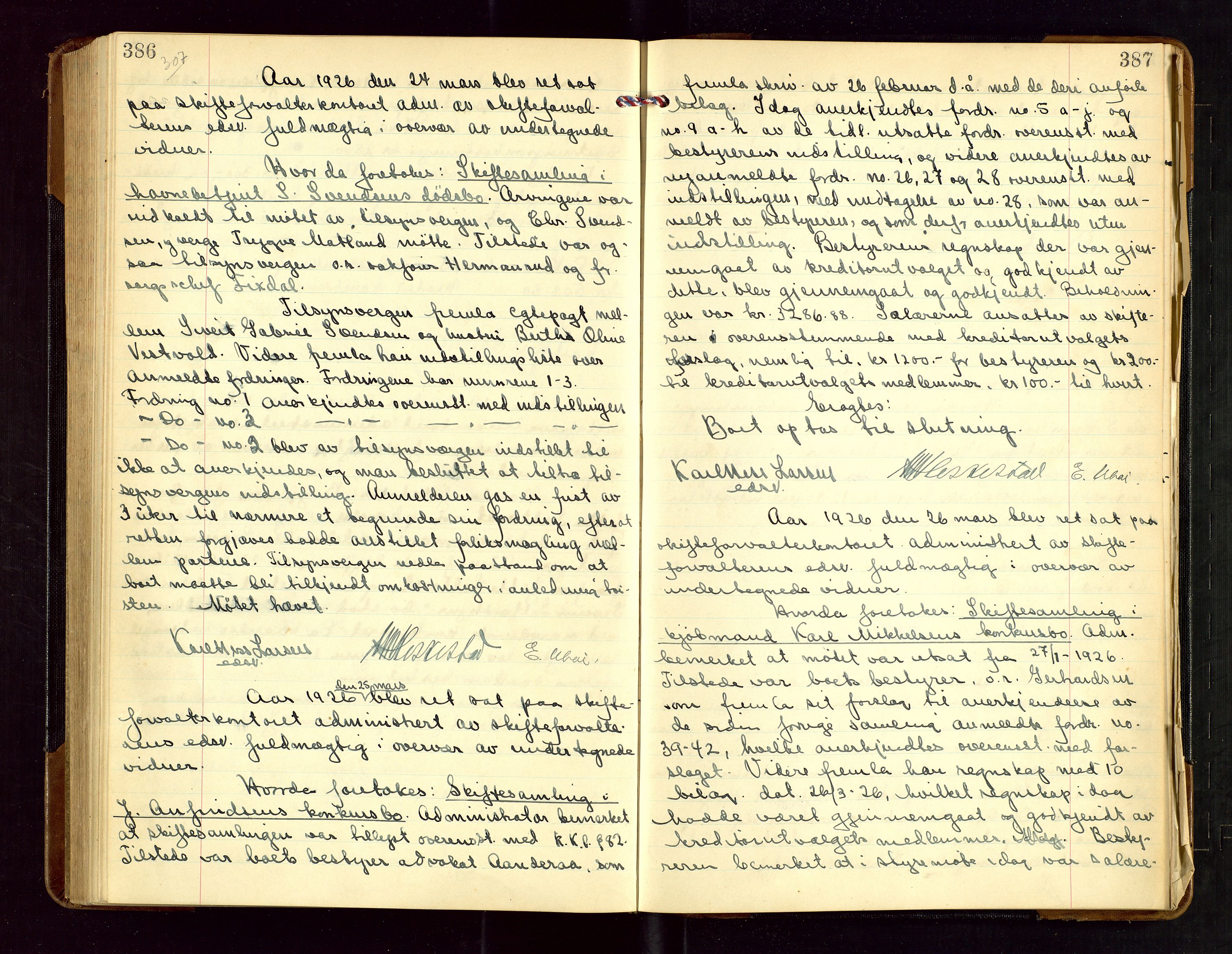 Haugesund tingrett, AV/SAST-A-101415/01/IV/IVC/L0004: Skifteforhandlingsprotokoll, med register, 1923-1926, s. 386-387