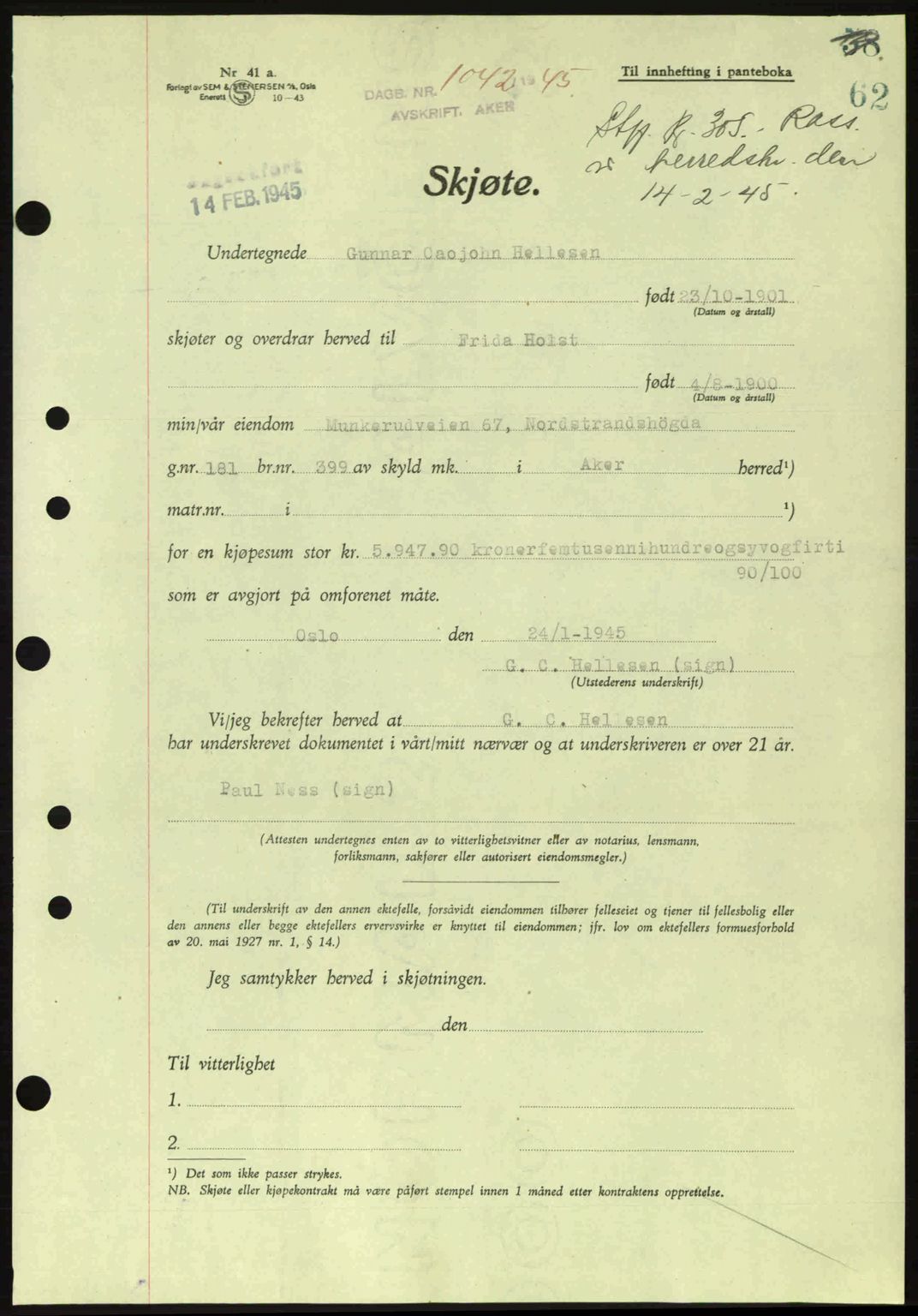 Aker herredsskriveri, SAO/A-10896/G/Gb/Gba/Gbab/L0063: Pantebok nr. A184-185, 1944-1945, Dagboknr: 1042/1945