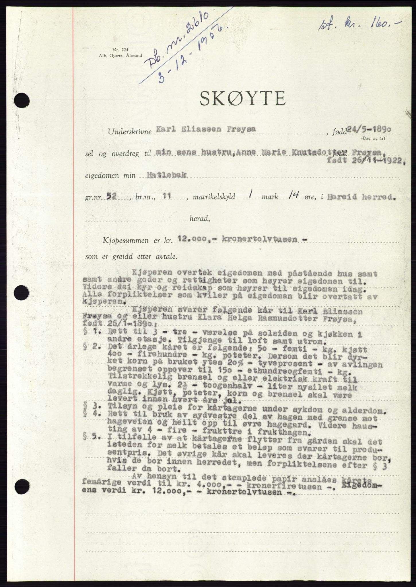 Søre Sunnmøre sorenskriveri, SAT/A-4122/1/2/2C/L0105: Pantebok nr. 31A, 1956-1957, Dagboknr: 2610/1956