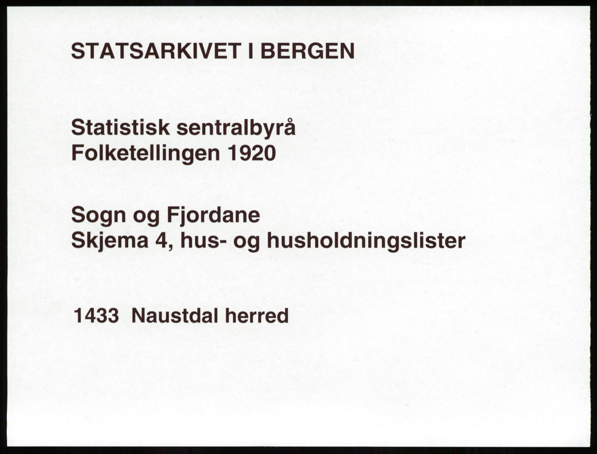 SAB, Folketelling 1920 for 1433 Naustdal herred, 1920, s. 1