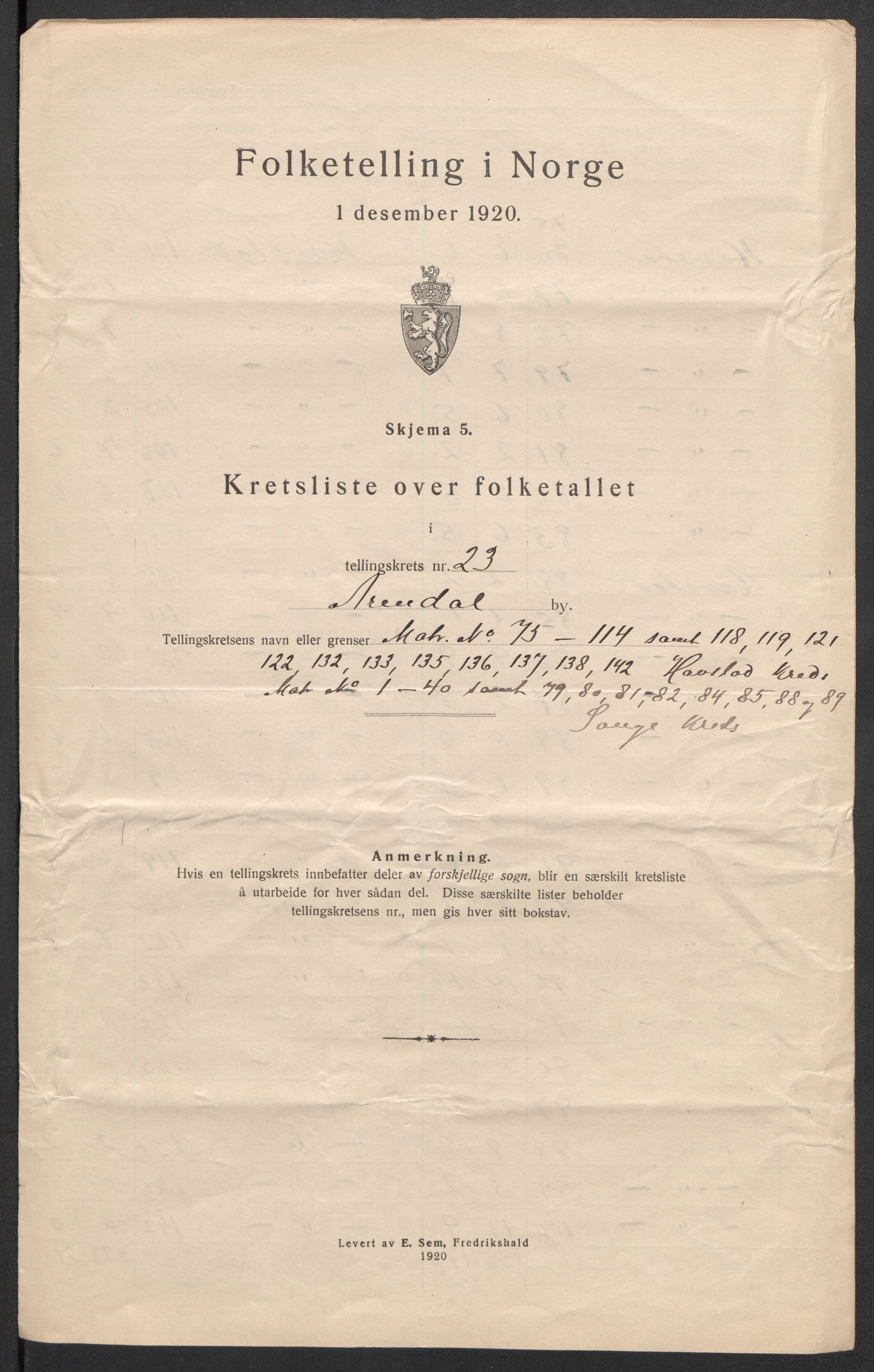 SAK, Folketelling 1920 for 0903 Arendal kjøpstad, 1920, s. 74