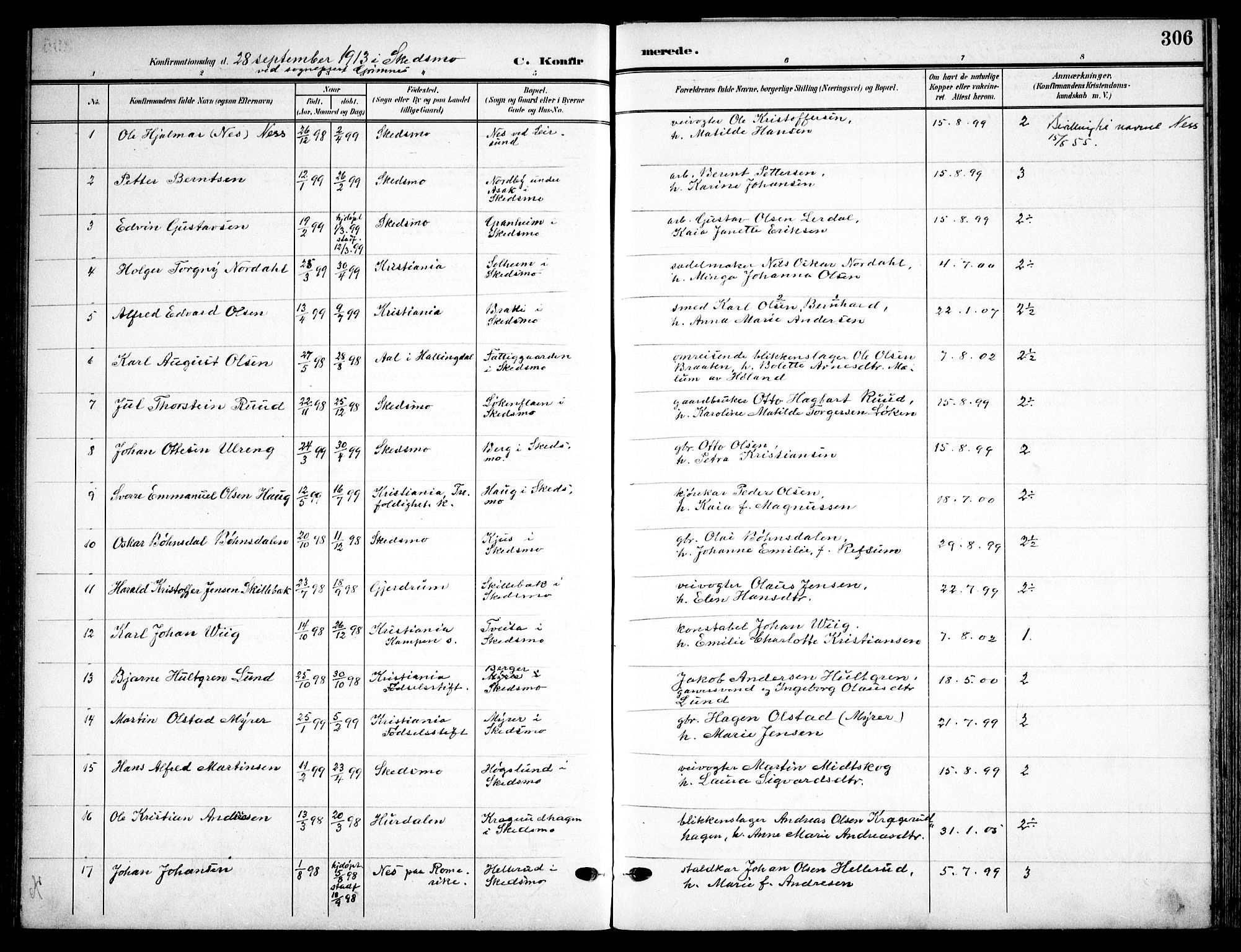 Skedsmo prestekontor Kirkebøker, AV/SAO-A-10033a/F/Fa/L0015: Ministerialbok nr. I 15, 1902-1917, s. 306