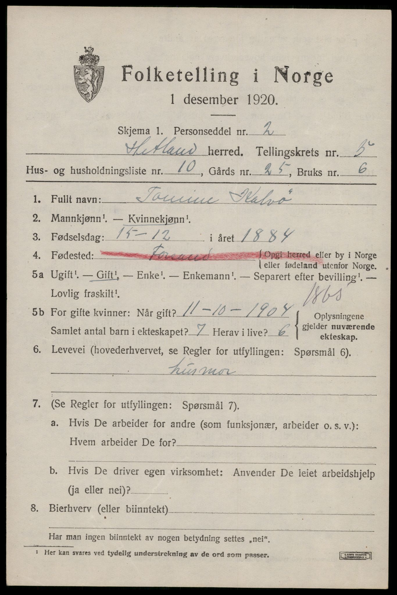 SAST, Folketelling 1920 for 1126 Hetland herred, 1920, s. 8491