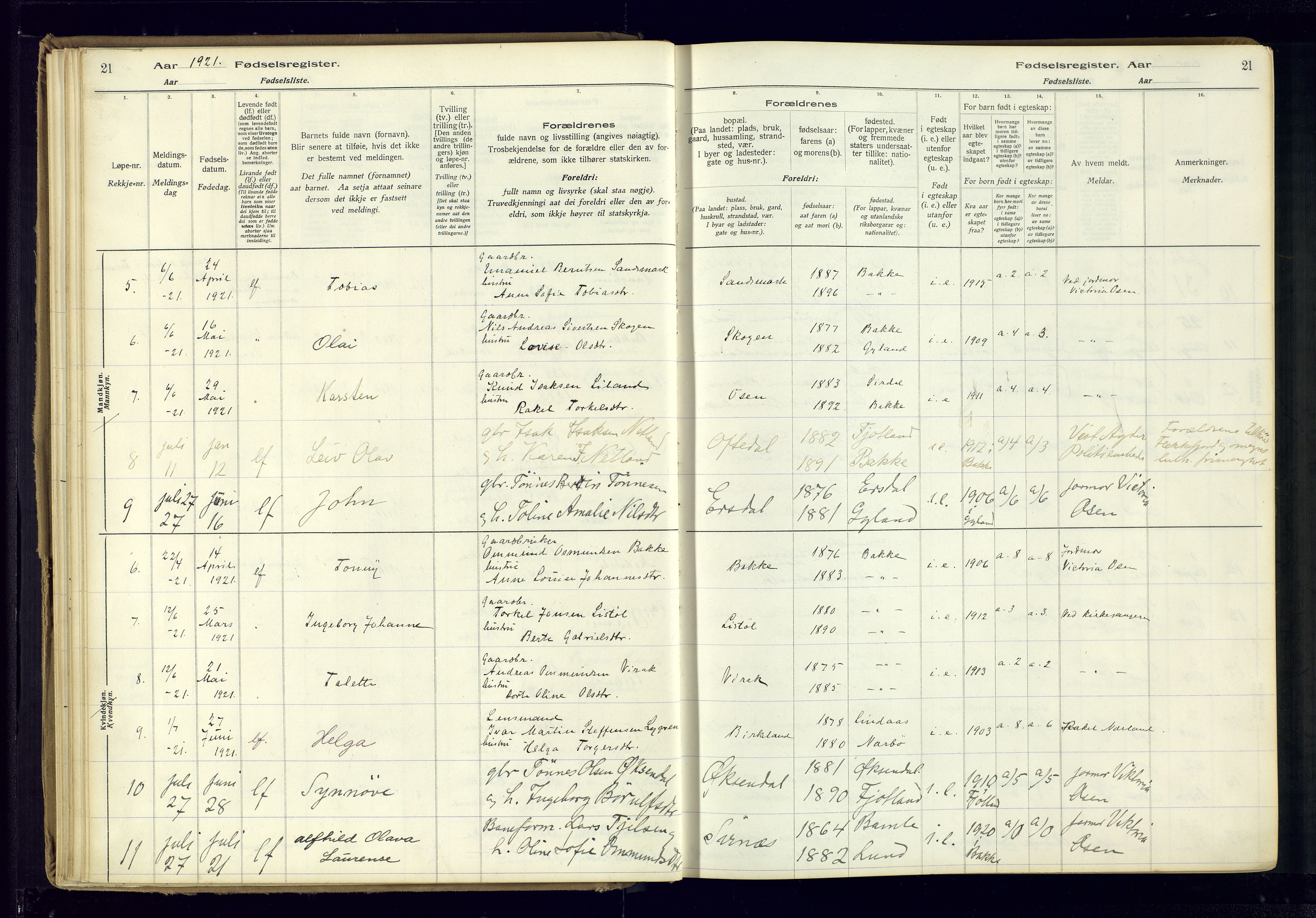 Bakke sokneprestkontor, AV/SAK-1111-0002/J/Ja/L0001: Fødselsregister nr. A-VI-18, 1916-1982, s. 21