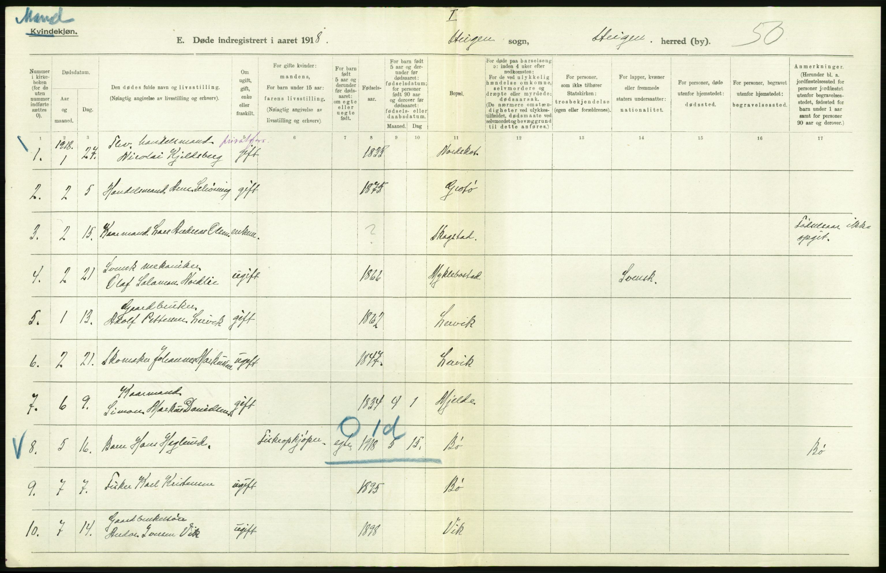 Statistisk sentralbyrå, Sosiodemografiske emner, Befolkning, RA/S-2228/D/Df/Dfb/Dfbh/L0055: Nordland fylke: Døde. Bygder og byer., 1918, s. 350