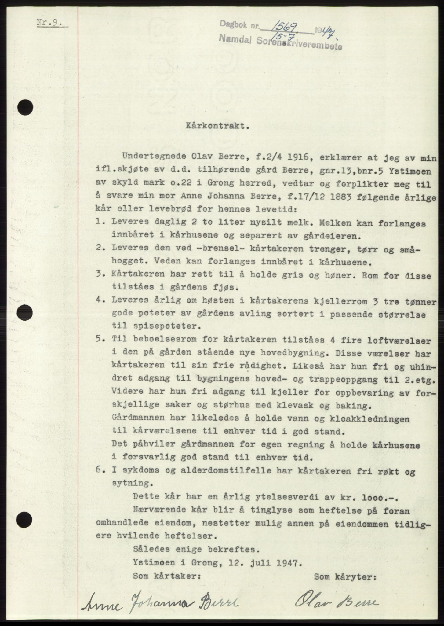 Namdal sorenskriveri, SAT/A-4133/1/2/2C: Pantebok nr. -, 1947-1947, Dagboknr: 1569/1947