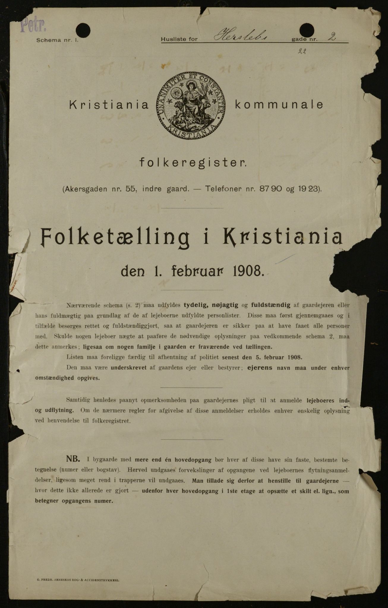 OBA, Kommunal folketelling 1.2.1908 for Kristiania kjøpstad, 1908, s. 35153