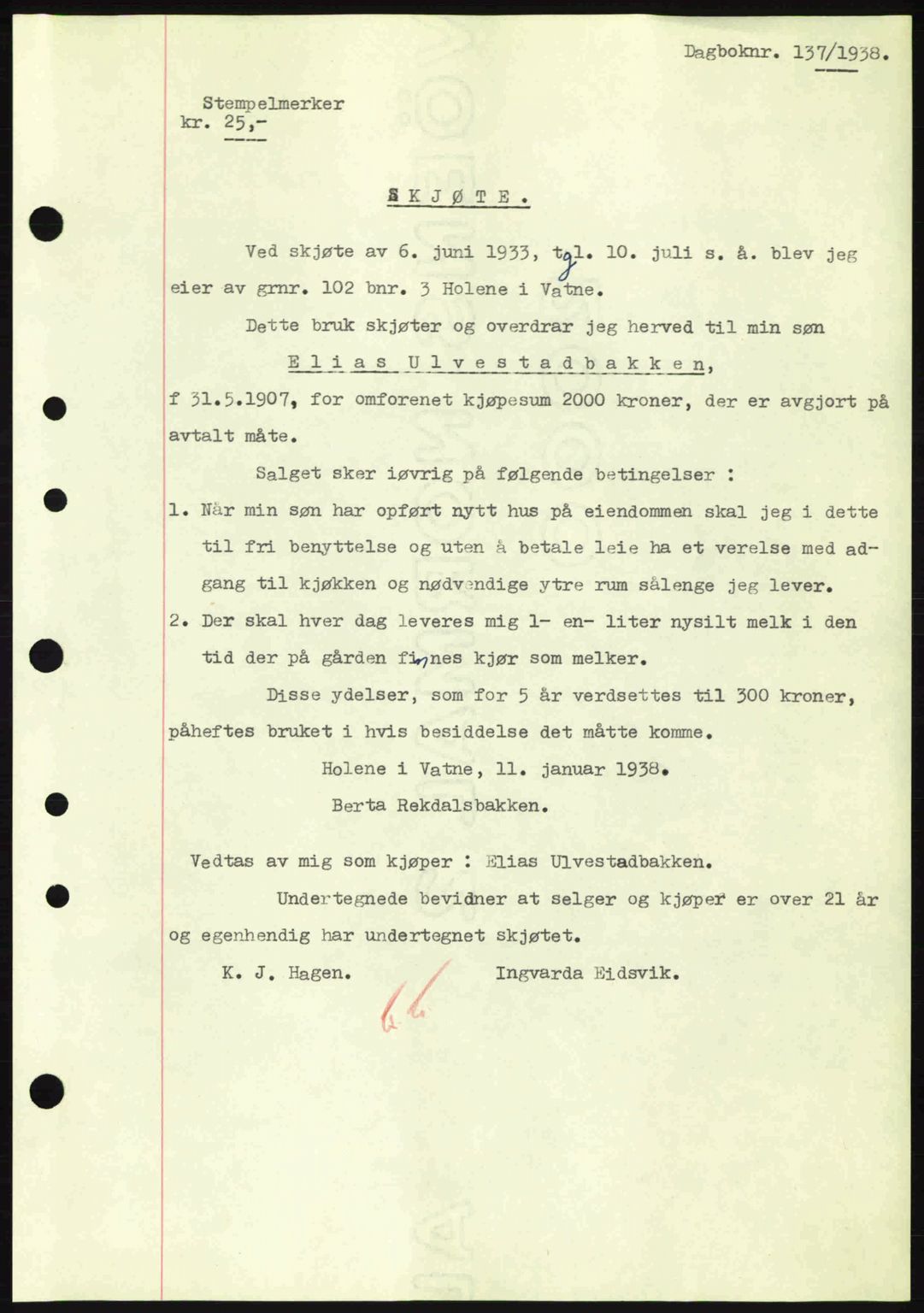 Nordre Sunnmøre sorenskriveri, AV/SAT-A-0006/1/2/2C/2Ca: Pantebok nr. A4, 1937-1938, Dagboknr: 137/1938