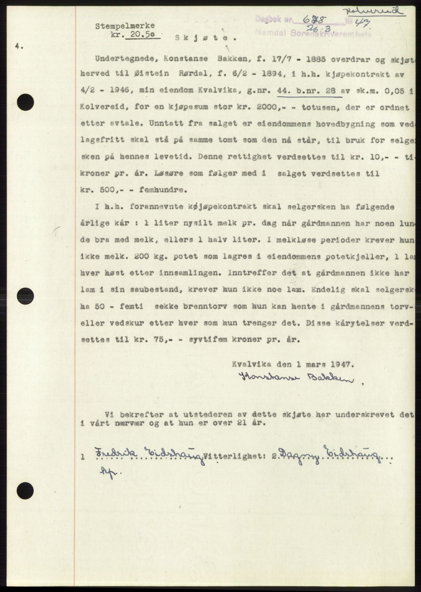 Namdal sorenskriveri, SAT/A-4133/1/2/2C: Pantebok nr. -, 1946-1947, Dagboknr: 678/1947