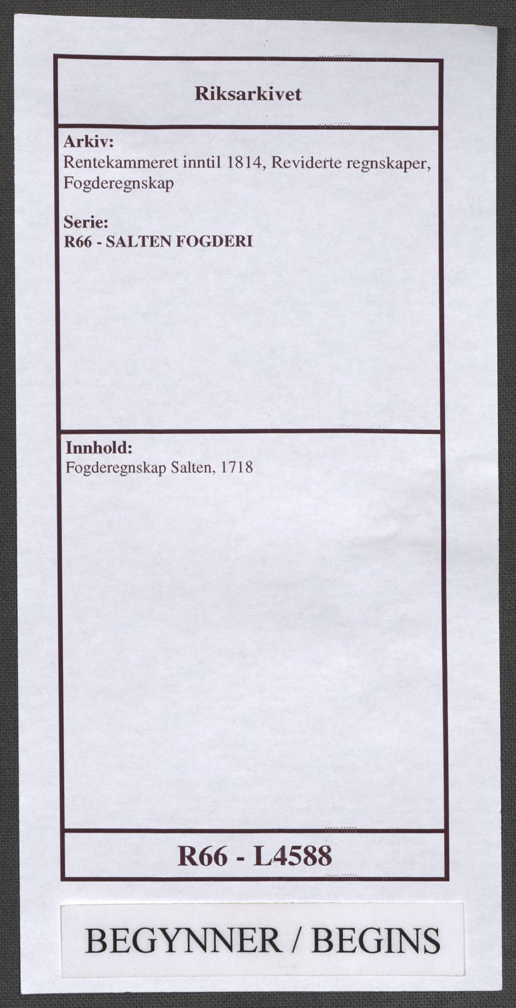 Rentekammeret inntil 1814, Reviderte regnskaper, Fogderegnskap, RA/EA-4092/R66/L4588: Fogderegnskap Salten, 1718, s. 1