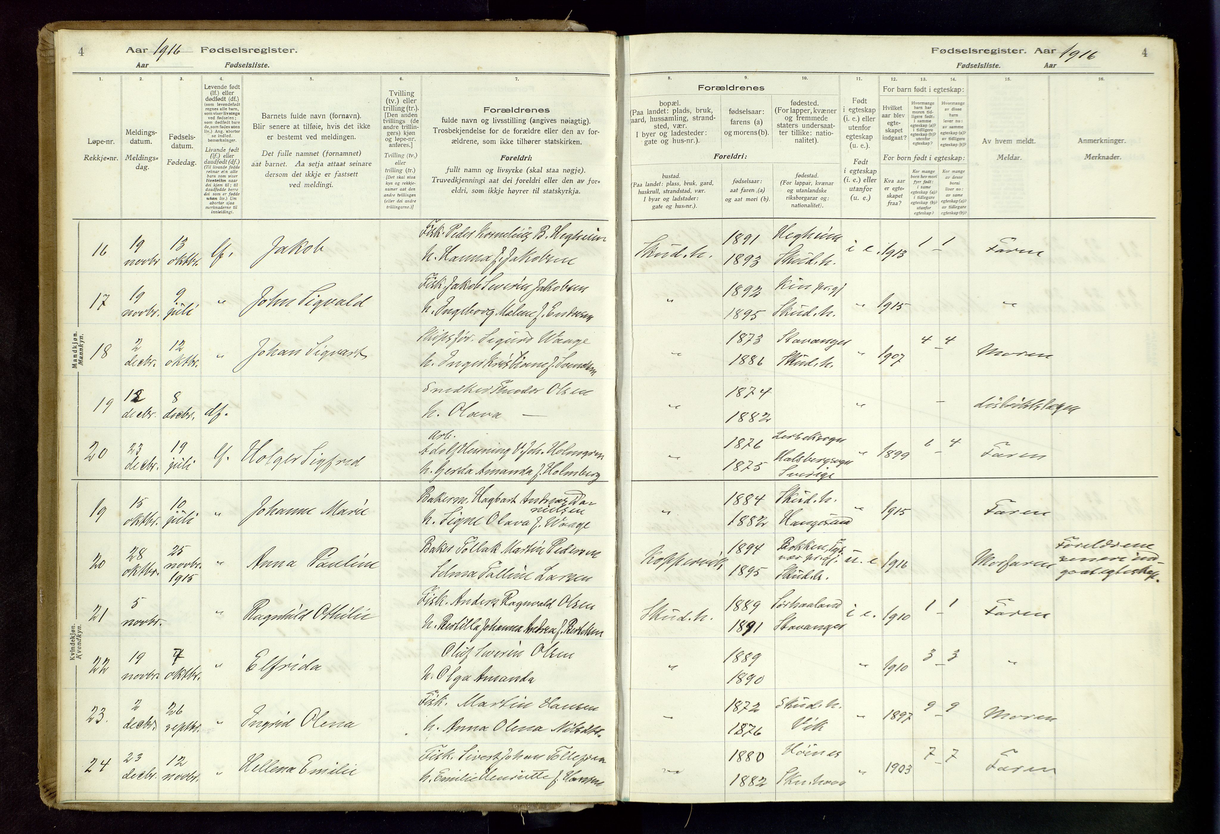 Skudenes sokneprestkontor, AV/SAST-A -101849/I/Id/L0003: Fødselsregister nr. 3, 1916-1964, s. 4