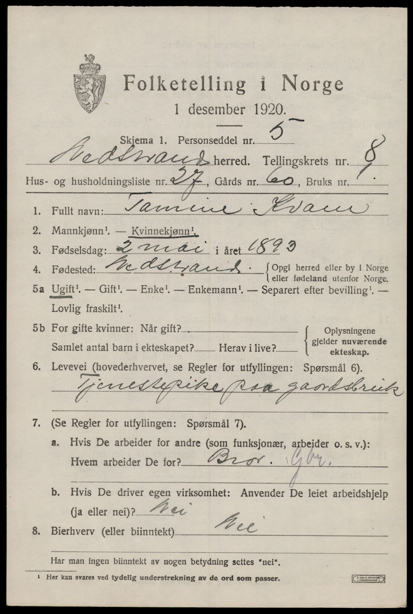 SAST, Folketelling 1920 for 1139 Nedstrand herred, 1920, s. 3171